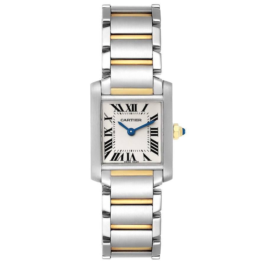 Cartier Tank Francaise Small Two Tone Ladies Watch W51007Q4. Quartz movement. Rectangular stainless steel 25.0 x 20.0 mm case. Octagonal 18k yellow gold crown set with a blue spinel cabochon. . Scratch resistant sapphire crystal. Silvered grained