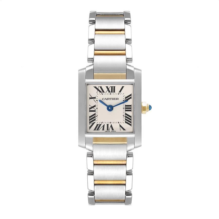 Cartier Tank Francaise Small Two Tone Ladies Watch W51007Q4. Quartz movement. Rectangular stainless steel 25.0 x 20.0 mm case. Octagonal 18k yellow gold crown set with a blue spinel cabochon. . Scratch resistant sapphire crystal. Silvered grained