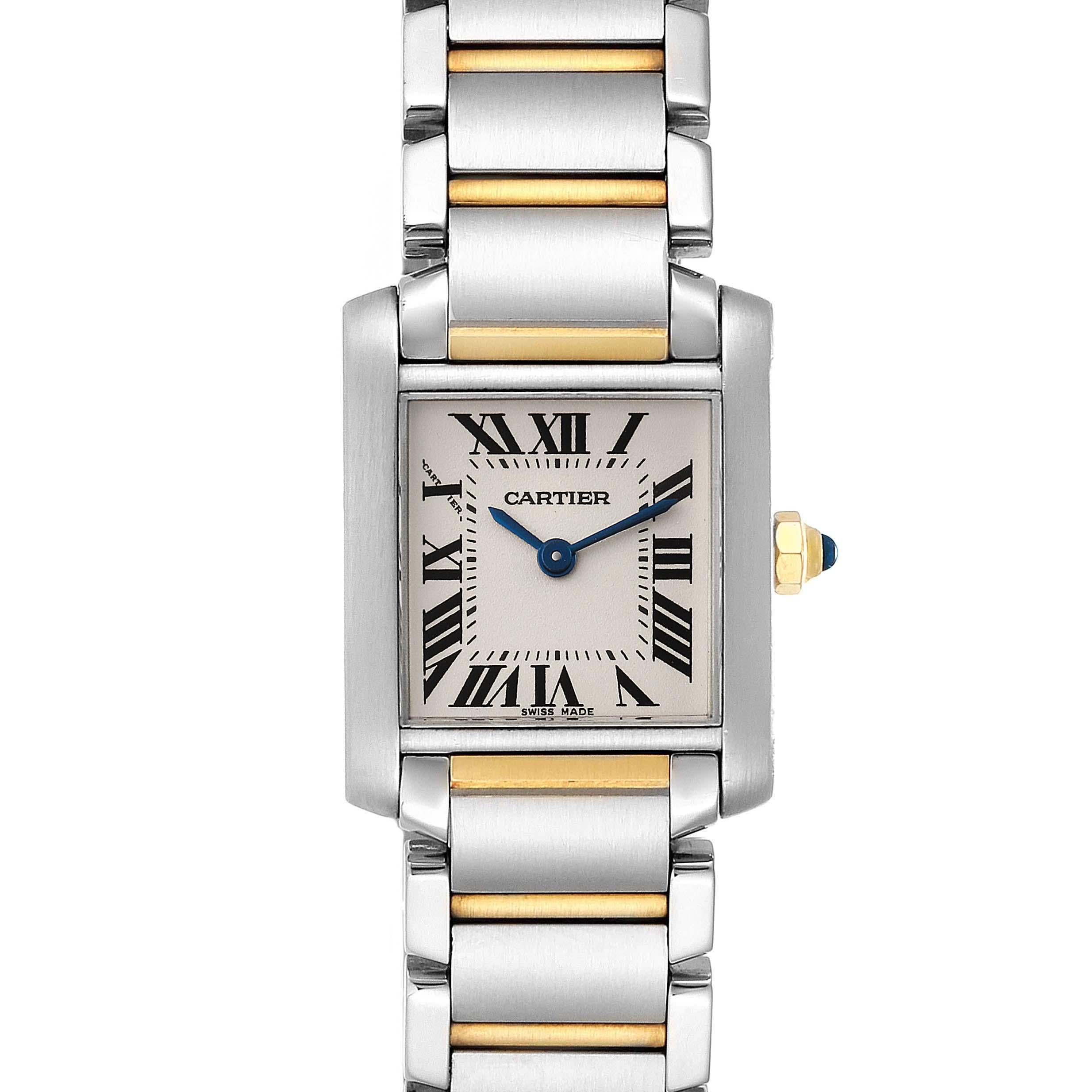 Cartier Tank Francaise Small Two Tone Ladies Watch W51007Q4. Quartz movement. Rectangular stainless steel 25.0 x 20.0 mm case. Octagonal 18k yellow gold crown set with a blue spinel cabochon. . Scratch resistant sapphire crystal. Silvered grained