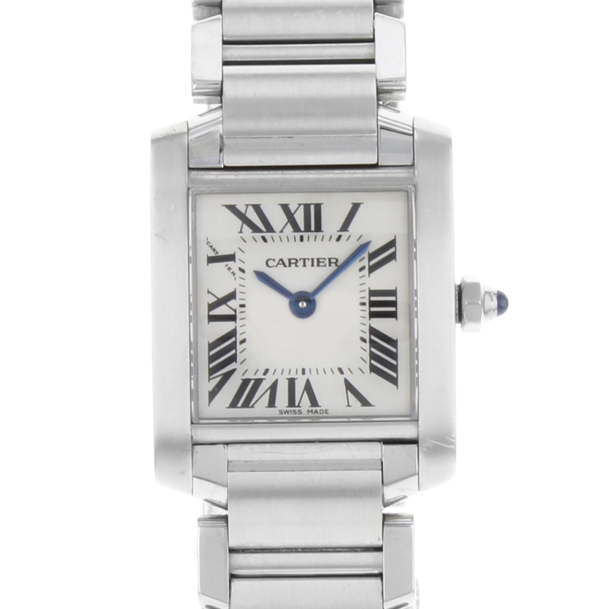 This pre-owned Cartier Tank W51008Q3  is a beautiful Ladie's timepiece that is powered by quartz (battery) movement which is cased in a stainless steel case. It has a square shape face, no features dial and has hand roman numerals style markers. It