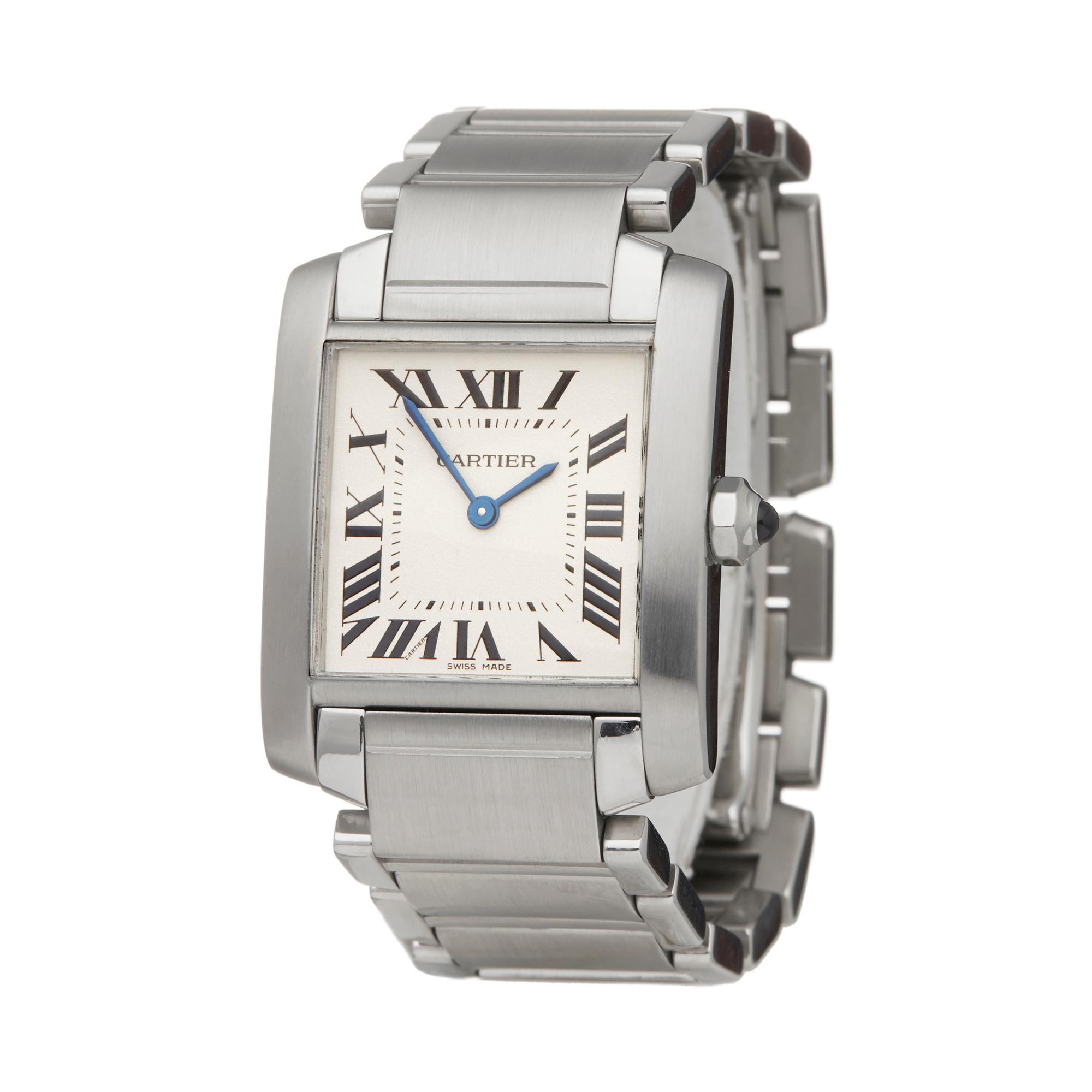 Reference: W5841
Manufacturer: Cartier
Model: Tank Francaise
Model Reference: 2301
Age: Circa 2000's
Gender: Women's
Box and Papers: Box, Service Papers Service Pouch
Dial: White Roman
Glass: Sapphire
Movement: Quartz
Water Resistance: To