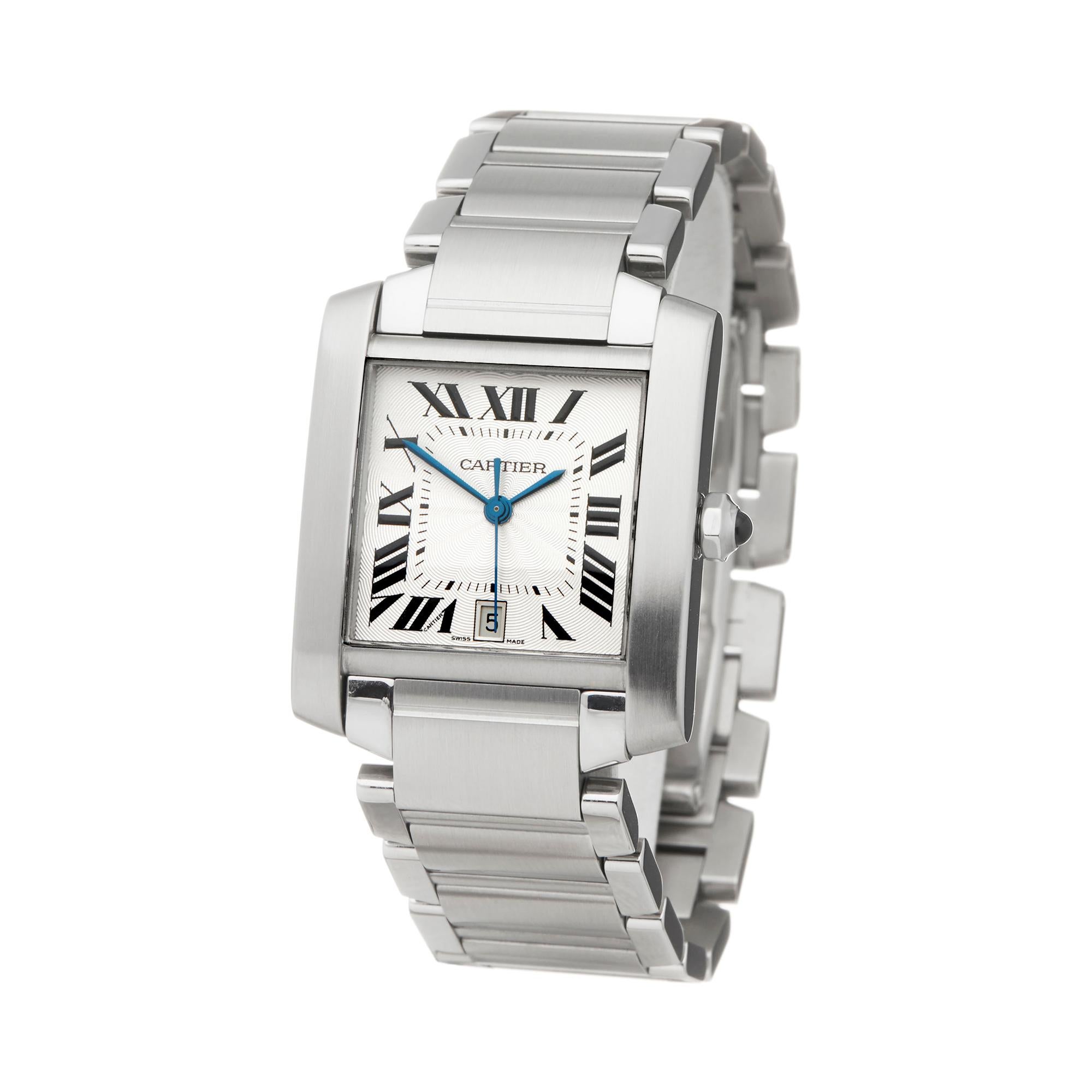 Reference: COM2110
Manufacturer: Cartier
Model: Tank Francaise
Model Reference: 2302
Age: Circa 2000's
Gender: Men's
Box and Papers: Presentation Box
Dial: Silver Roman
Glass: Sapphire Crystal
Movement: Automatic
Water Resistance: To Manufacturers