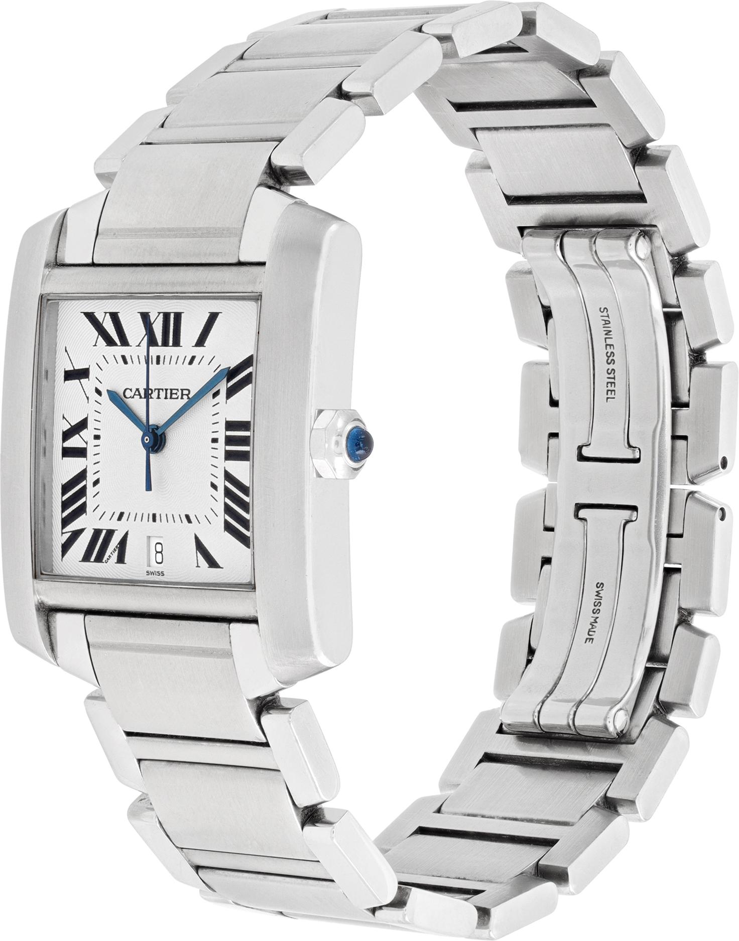 Cartier Tank Francaise Large in stainless steel with a silver roman dial. Auto w/ sweep seconds and date. 28 mm case size. Ref W51002Q3. Fine Pre-owned Cartier Watch.

 Certified preowned Classic Cartier Tank Francaise W51002Q3 watch is made out of