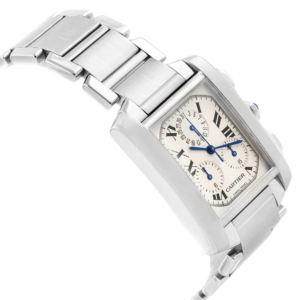 Cartier Tank Francaise Stainless Steel Chronoflex Mens Watch W51001Q3. Quartz movement. Rectangular stainless steel 37.0 x 28.0 mm case. Octagonal crown set with a blue spinel cabochon. Fixed stainless steel bezel. Scratch resistant sapphire