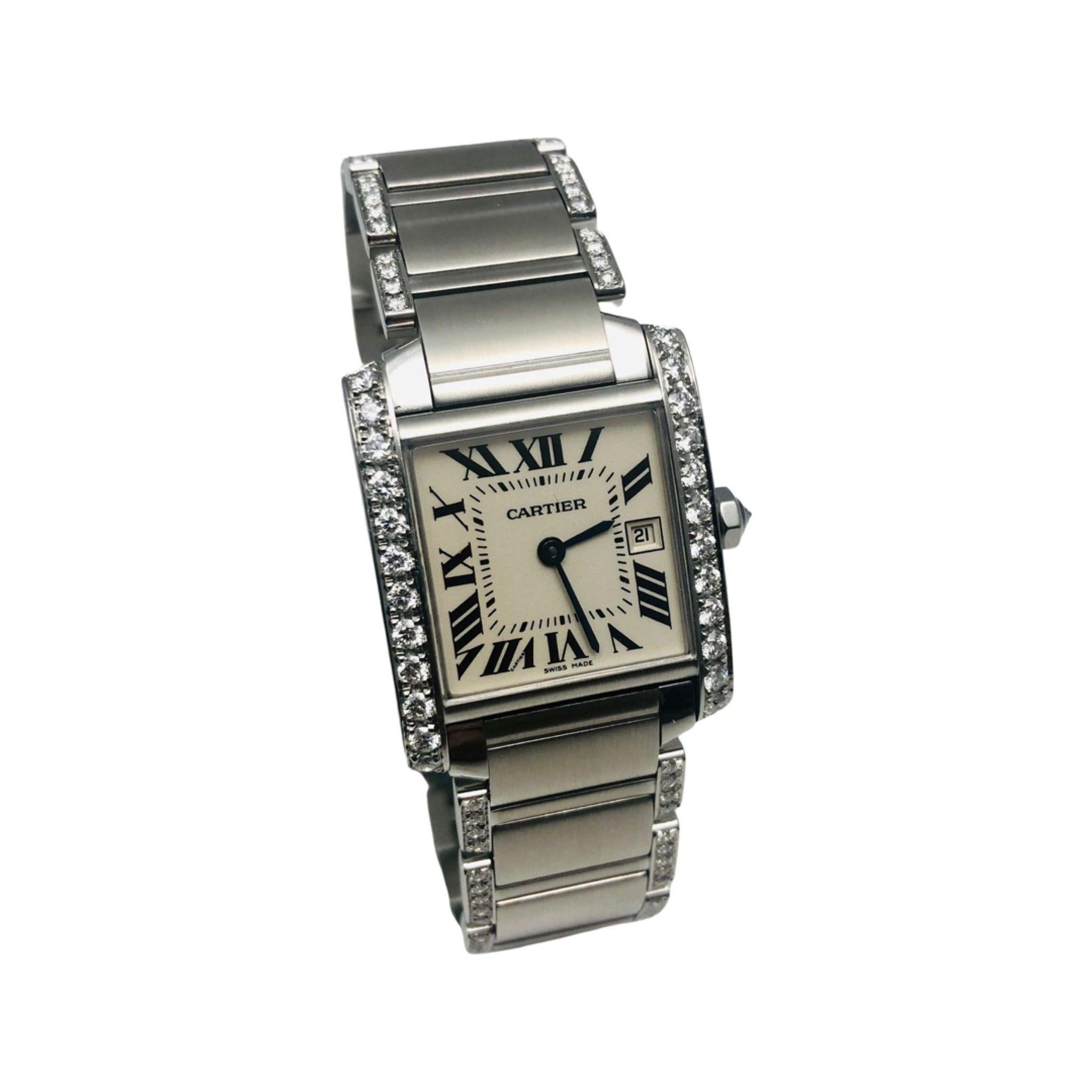 Taille ronde Cartier Caisse/bracelet Tank Francaise en acier inoxydable avec diamants Réf. 2465