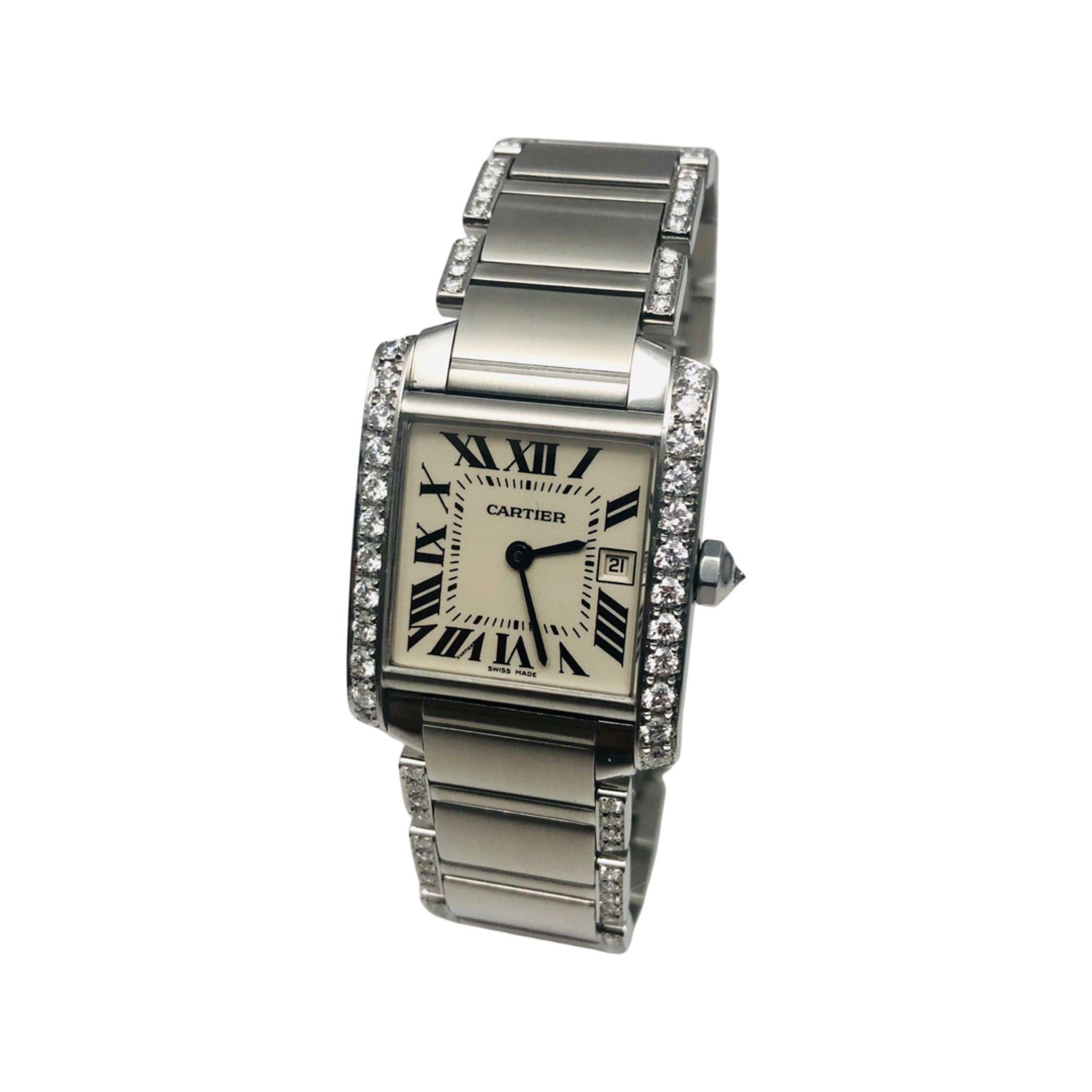 Cartier Caisse/bracelet Tank Francaise en acier inoxydable avec diamants Réf. 2465 Bon état à Miami, FL