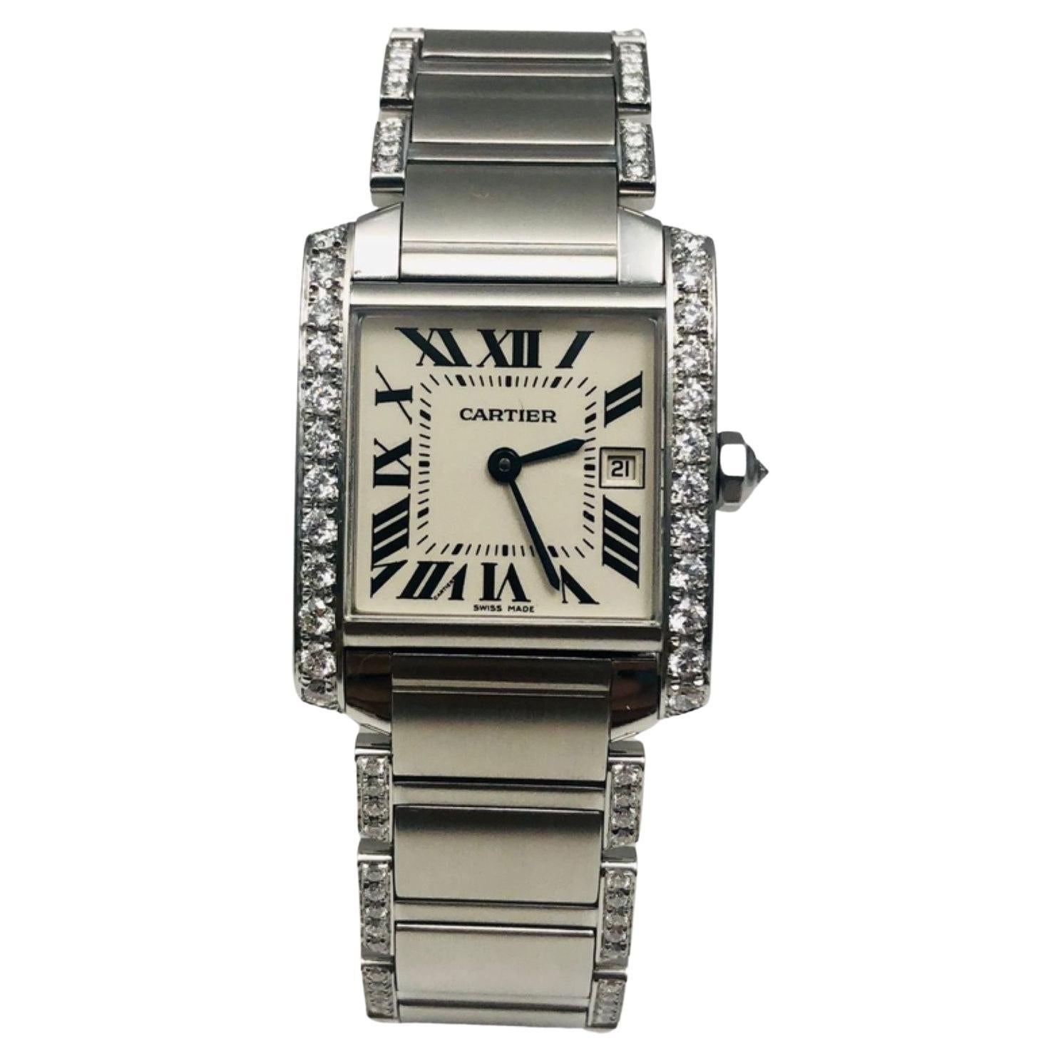 Cartier Tank Francaise Stainless Steel Diamond Case/Bracelet Ref. 2465 For Sale