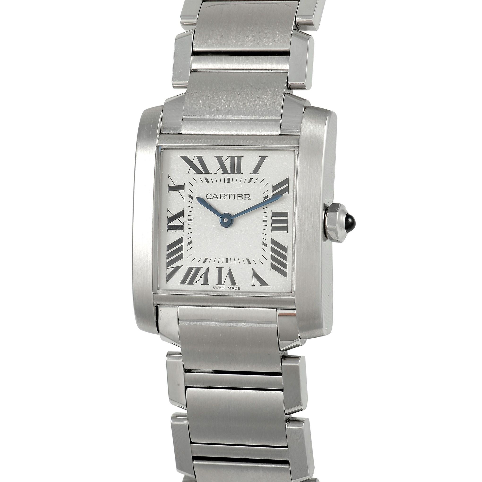 This Cartier Tank Francaise Watch, reference number VSTA 0005, features a stainless steel case that measures 22 mm x 25 mm. The case is presented on a matching stainless steel bracelet with a deployment clasp and features a solid case back engraved