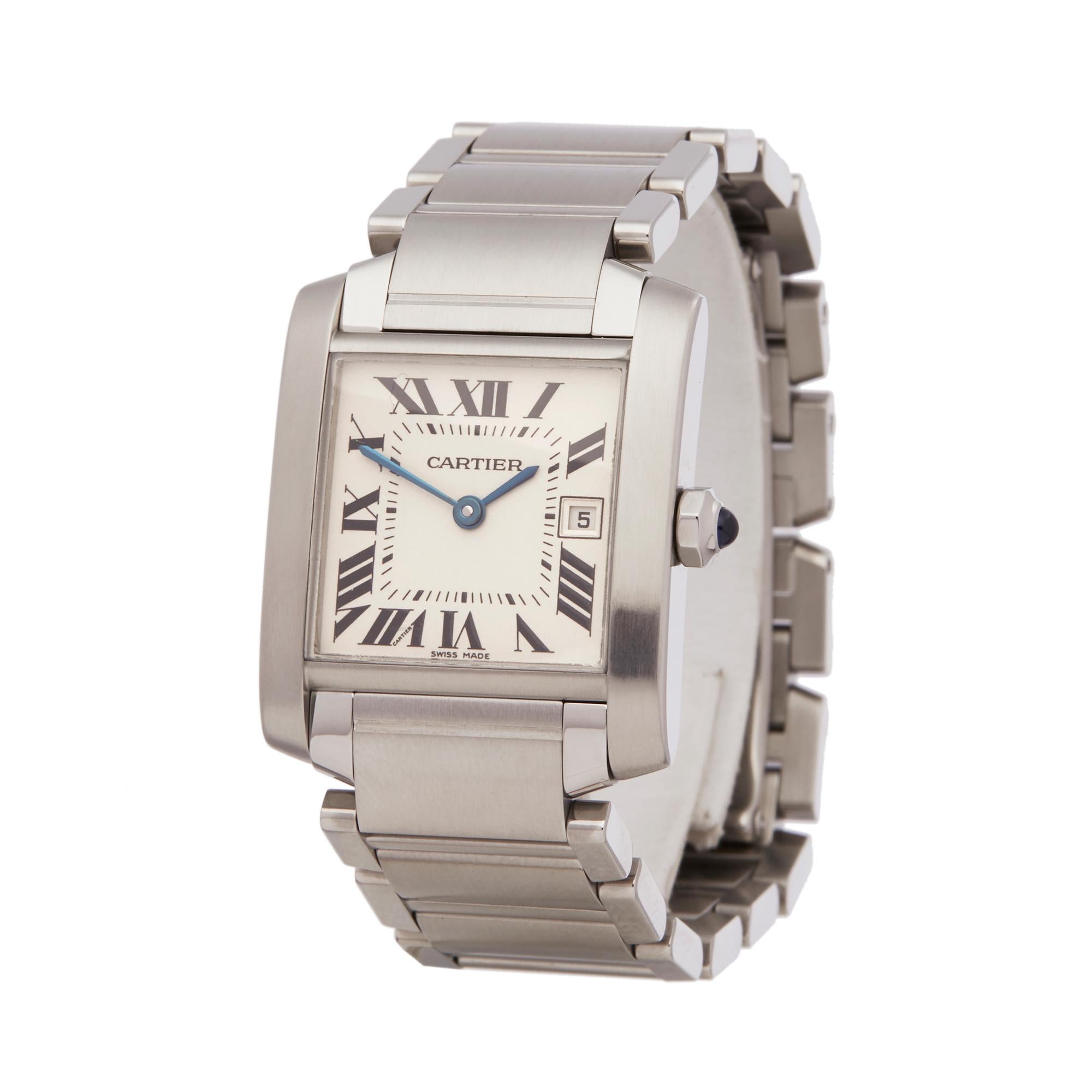 Reference: W5719
Manufacturer: Cartier
Model: Tank Francaise
Model Reference: W51011Q3
Age: Circa 2000's
Gender: Unisex
Box and Papers: Presentation Box
Dial: White Roman
Glass: Sapphire Crystal
Movement: Quartz
Water Resistance: To Manufacturers