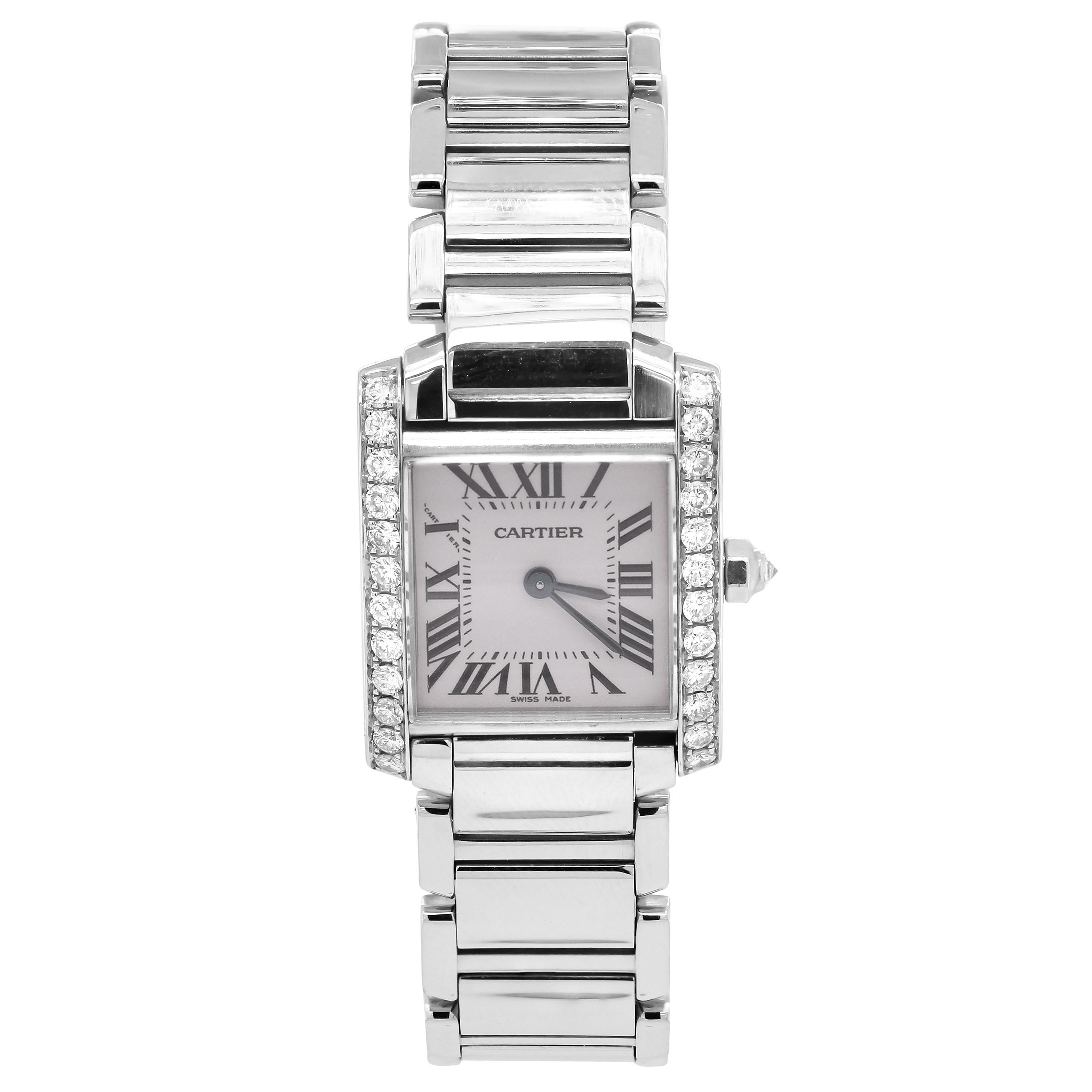 Cartier Tank Francaise Stainless Steel White Diamond Bezel Ladies Watch 2384

Mint condition. Comes with original Cartier box.

Case Material: Stainless Steel
Case Diameter: 20mm x 25mm
Crystal: Diamond

0.80 carat G color, VS clarity diamonds.