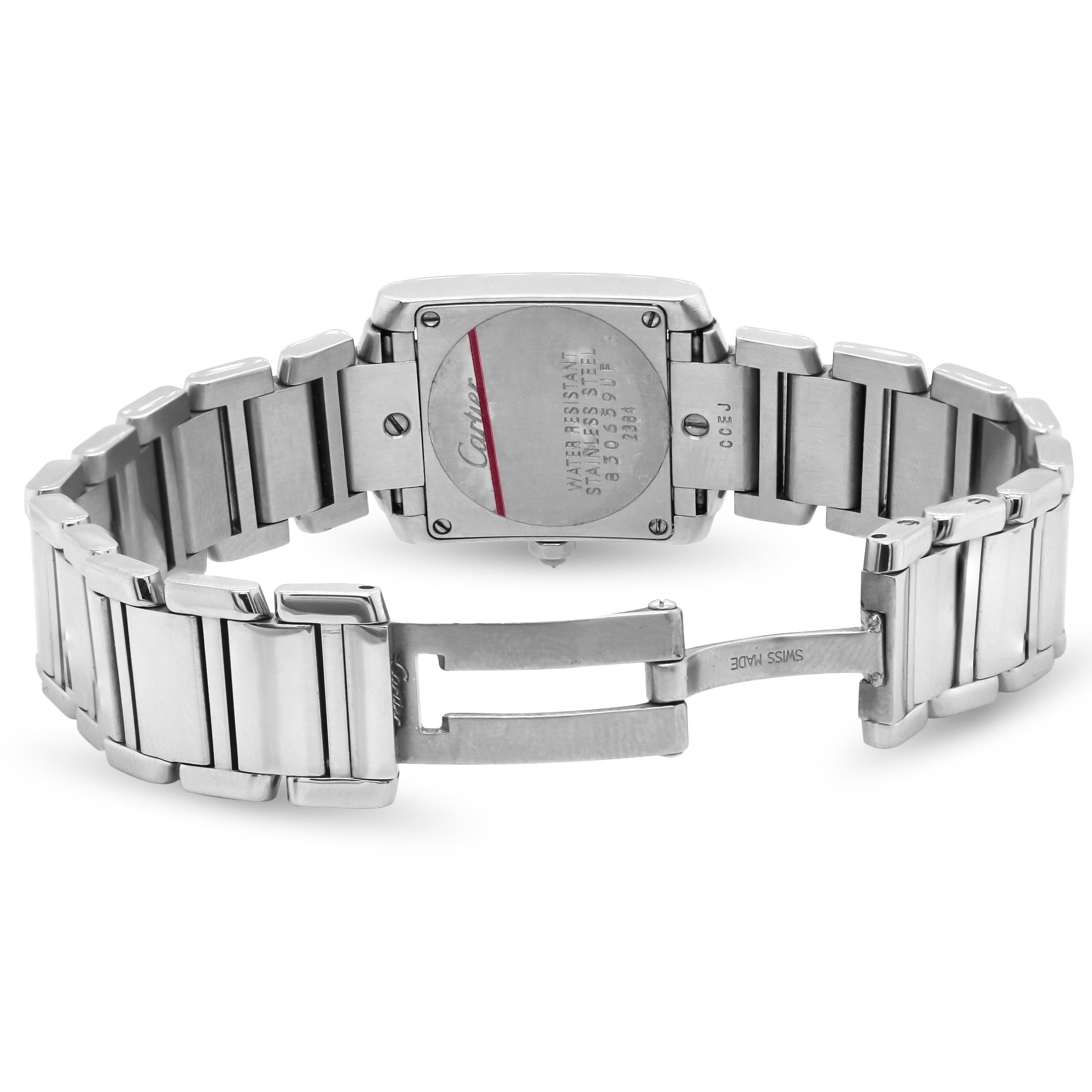 Cartier Tank Francaise Stainless Steel White Diamond Bezel Ladies Watch 2384 In Excellent Condition In Boca Raton, FL