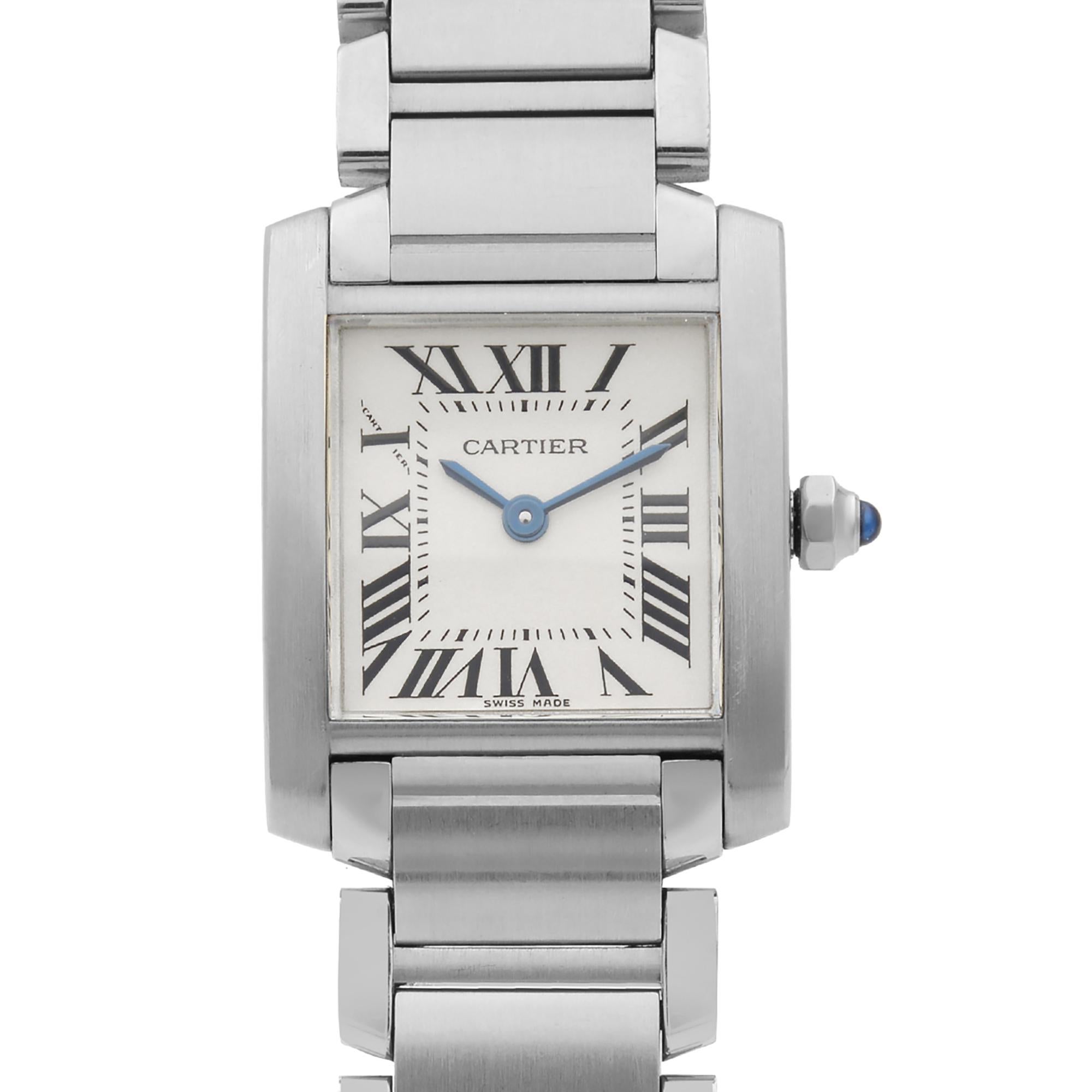 Pre Owned Cartier Tank Francaise Stainless Steel White Roman Dial Ladies Watch W51008Q3. This Beautiful Timepiece is Powered by Quartz (Battery) Movement And Features: Rectangular Stainless Steel Case & Bracelet, Fixed Stainless Steel Bezel, White