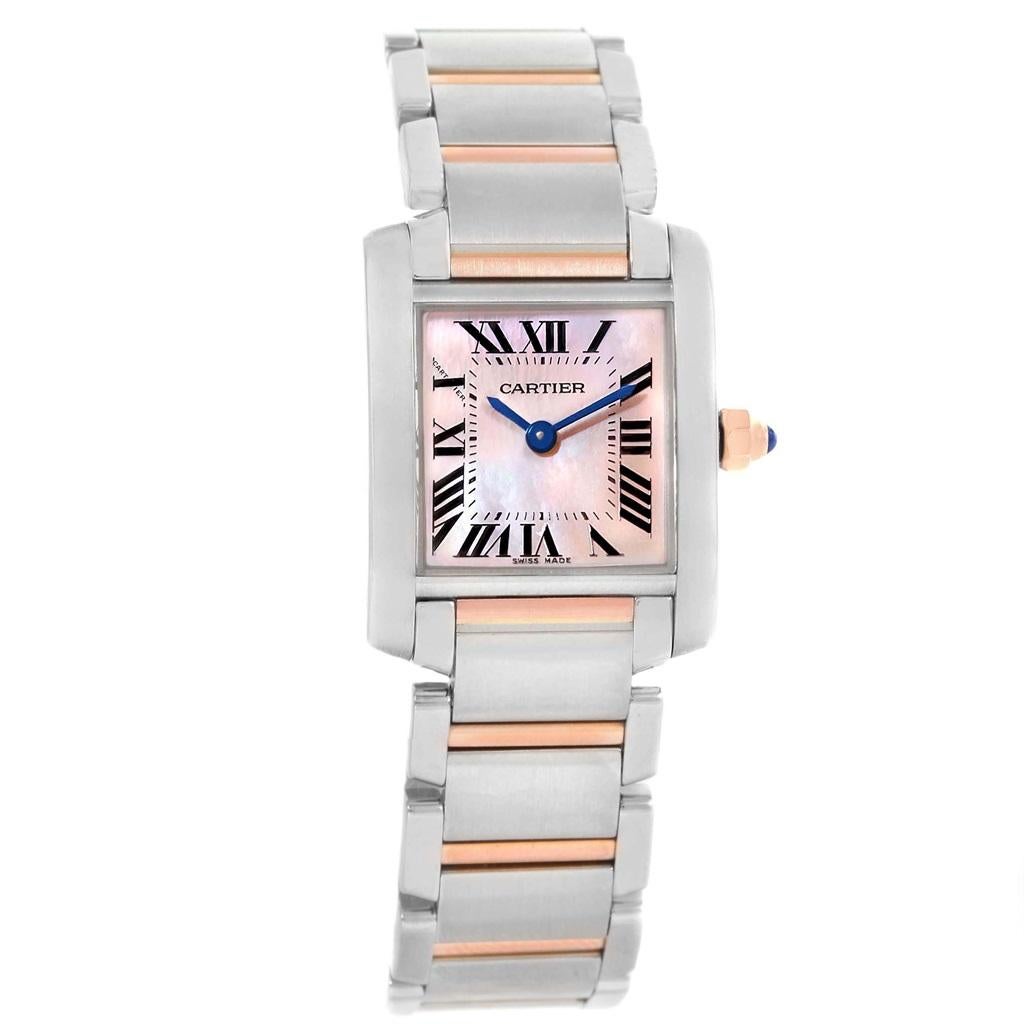 Cartier Tank Francaise Steel 18k Rose Gold MOP Ladies Watch W51027Q4. Quartz movement. Rectangular stainless steel 20.0 x 25.0 mm case. Octagonal 18k rose gold crown set with a blue spinel cabochon. Scratch resistant sapphire crystal. Mother of