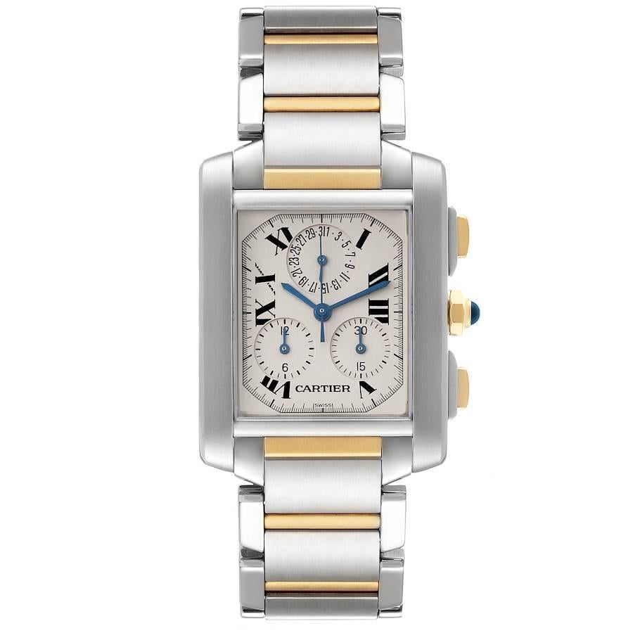 Cartier Tank Francaise Steel 18K Yellow Gold Chronograph Watch W51004Q4. Quartz movement. Rectangular stainless steel and 18K yellow gold 37.0 x 28.0 mm case. Octagonal crown set with a blue spinel cabochon. . Scratch resistant sapphire crystal.