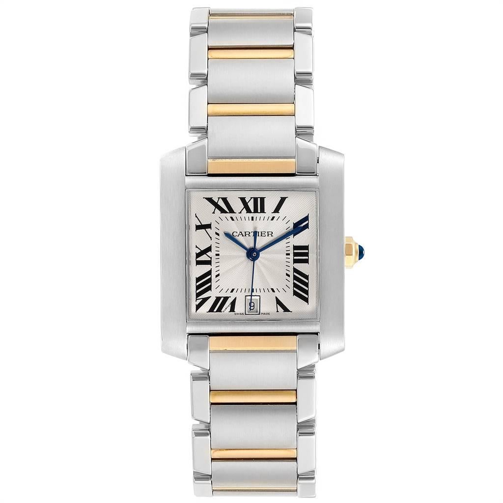 Cartier Tank Francaise Steel 18K Yellow Gold Mens Watch W51005Q4. Automatic self-winding movement. Rectangular stainless steel 28.0 x 32.0 mm case. Octagonal 18K yellow gold crown set with a blue spinel cabochon. Scratch resistant sapphire crystal.