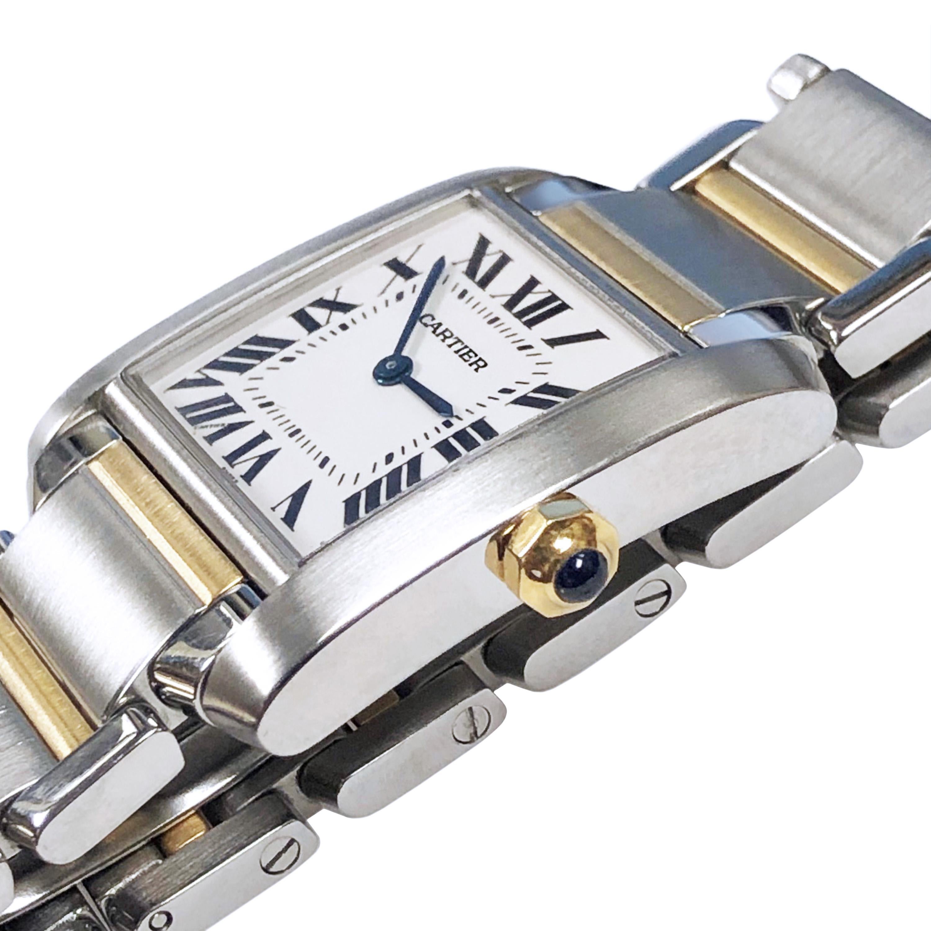 Circa 2014 Cartier Mid Size Stainless Steel and 18K Yellow Gold Tank Francaise Wrist Watch, 29 X 24 MM Water Resistant Case, Quartz Movement, Scratch Resistant Crystal, Sapphire Crown, White Dial with Black Roman Numerals. 3/4 inch wide Steel and