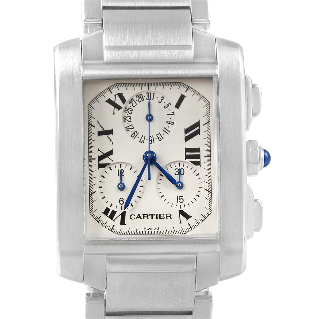 Cartier Tank Francaise Steel Chronoflex Mens Watch W51001Q3 Box. Quartz movement. Rectangular stainless steel 37.0 x 28.0 mm case. Octagonal crown set with a blue spinel cabochon. Scratch resistant sapphire crystal. Off-white dial with painted black