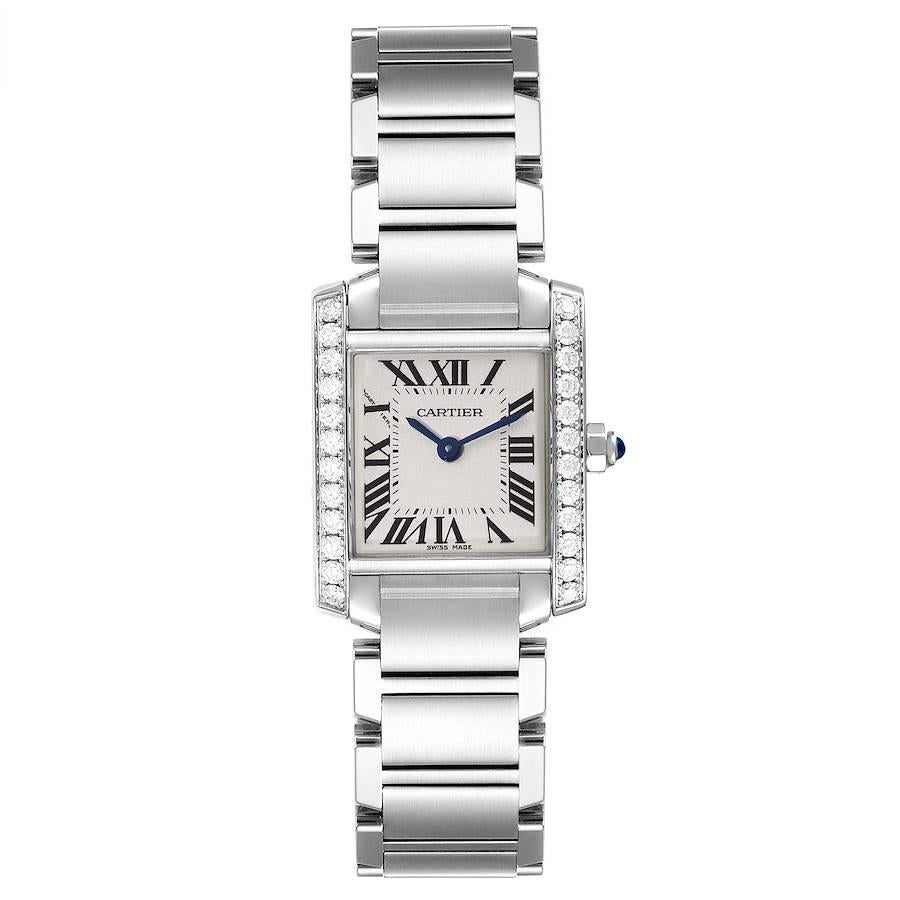 Cartier Tank Francaise Steel Diamond Ladies Watch W4TA0008. Quartz movement. Rectangular stainless steel 20.0 x 25.0 mm case. Octagonal  crown set with a blue spinel cobochon. Original Cartier factory diamond bezel. Scratch resistant sapphire