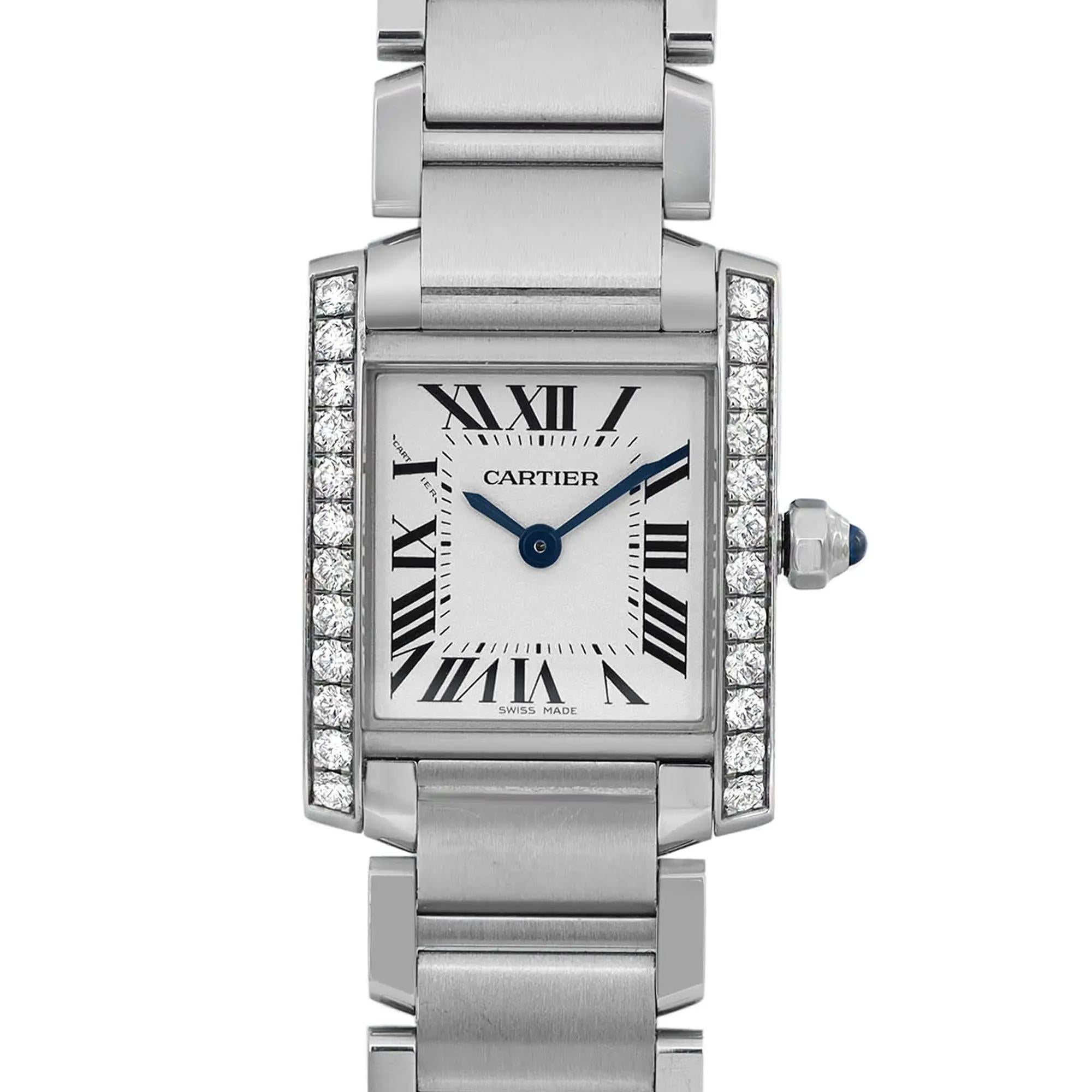 Pre-owned in mint condition. Cartier original diamonds.

Brand Information:
Brand: Cartier
Model Name: Cartier Tank Française
Model Number: W4TA0008
General Specifications:
Type: Wristwatch
Department: Women
Style: Luxury
Country/Region of