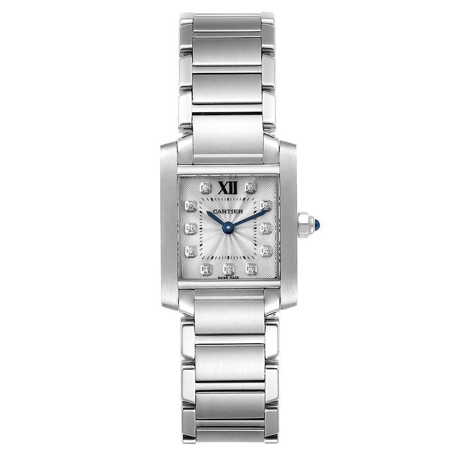 Cartier Tank Francaise Steel Diamond Small Ladies Watch WE110006 Box Card. Quartz movement. Rectangular stainless steel 20 x 25 mm case. Octagonal crown set with a blue spinel cabochon. . Scratch resistant sapphire crystal. Silver guilloche dial