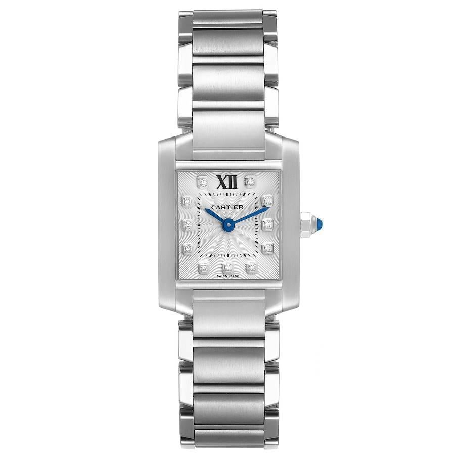 Cartier Tank Francaise Steel Diamond Small Ladies Watch WE110006 Box Card. Quartz movement. Rectangular stainless steel 20 x 25 mm case. Octagonal crown set with a blue spinel cabochon. . Scratch resistant sapphire crystal. Silver guilloche dial