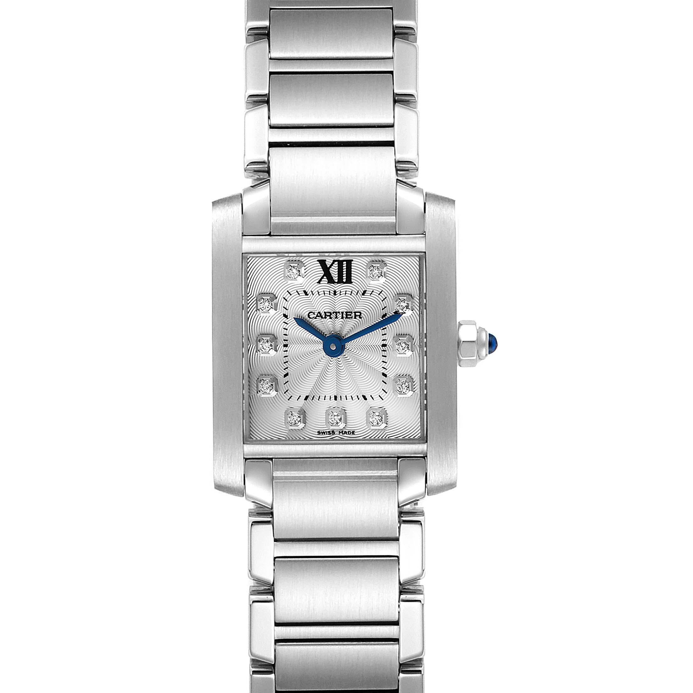 Cartier Tank Francaise Steel Diamond Small Ladies Watch WE110006. Quartz movement. Rectangular stainless steel 20 x 25 mm case. Octagonal crown set with a blue spinel cabochon. . Scratch resistant sapphire crystal. Silver guilloche dial with diamond