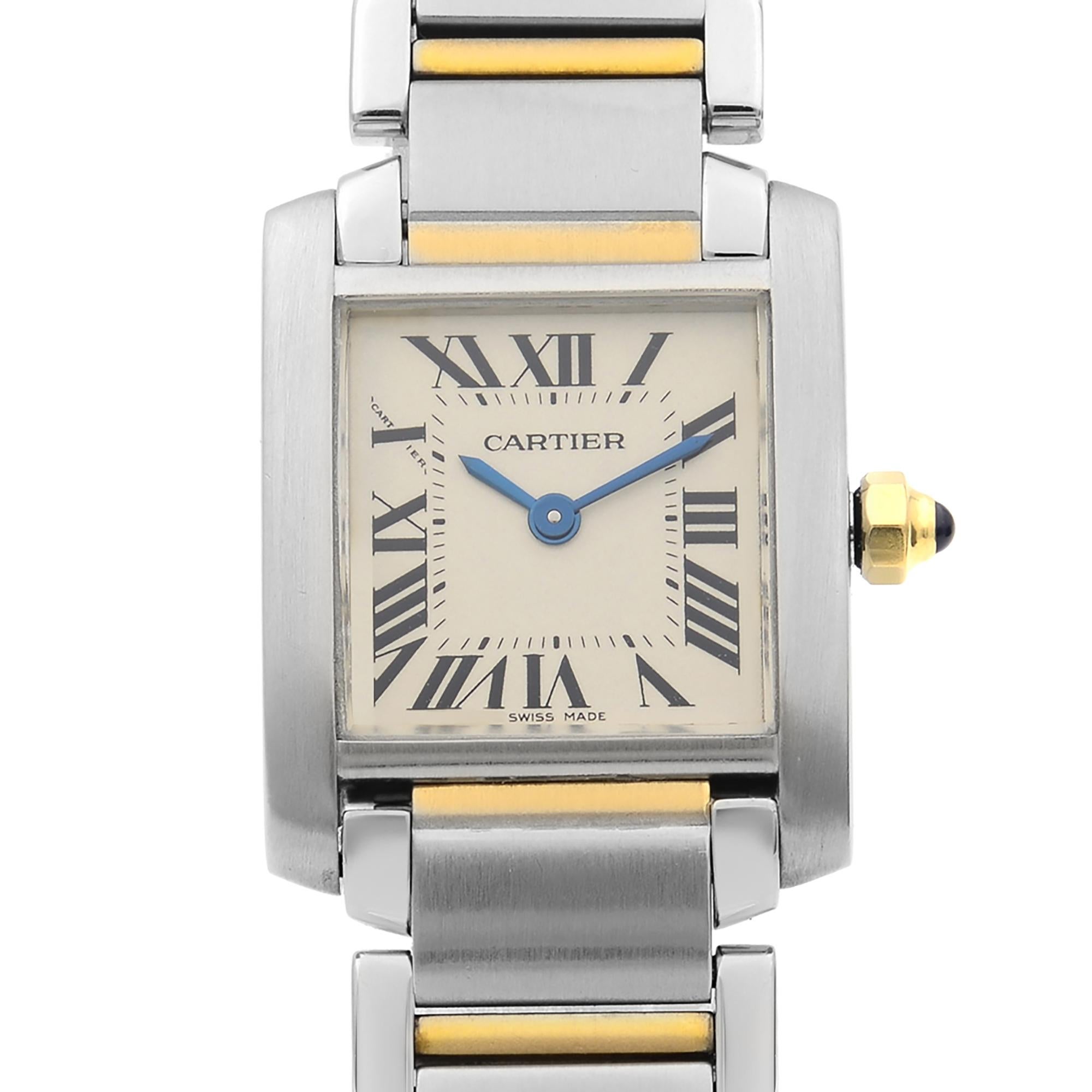 Pre Owned Cartier Tank Francaise Steel Gold White Roman Dial Ladies Quartz Watch W51007Q4. This Beautiful Timepiece is Powered by Quartz (Battery) Movement And Features: Stainless Steel Case with a Two-Tone (Stainless Steel & Gold) Bracelet, Fixed