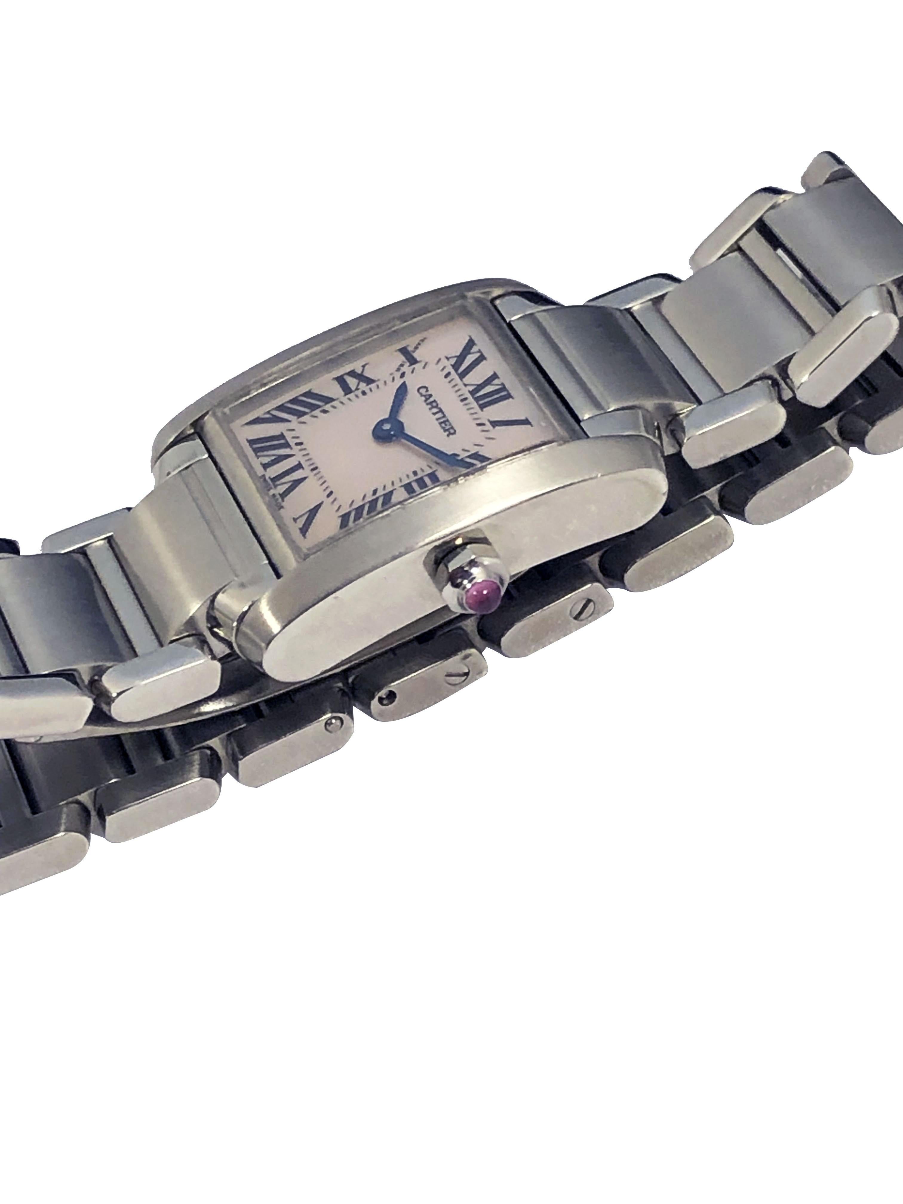 Circa 2018 Cartier referencia 2384 Reloj de pulsera Tank Francaise de acero inoxidable para señora, caja hermética de 25 X 20 MM, movimiento de cuarzo, cristal resistente a los arañazos, corona de espinela rosa, esfera de nácar rosa con números