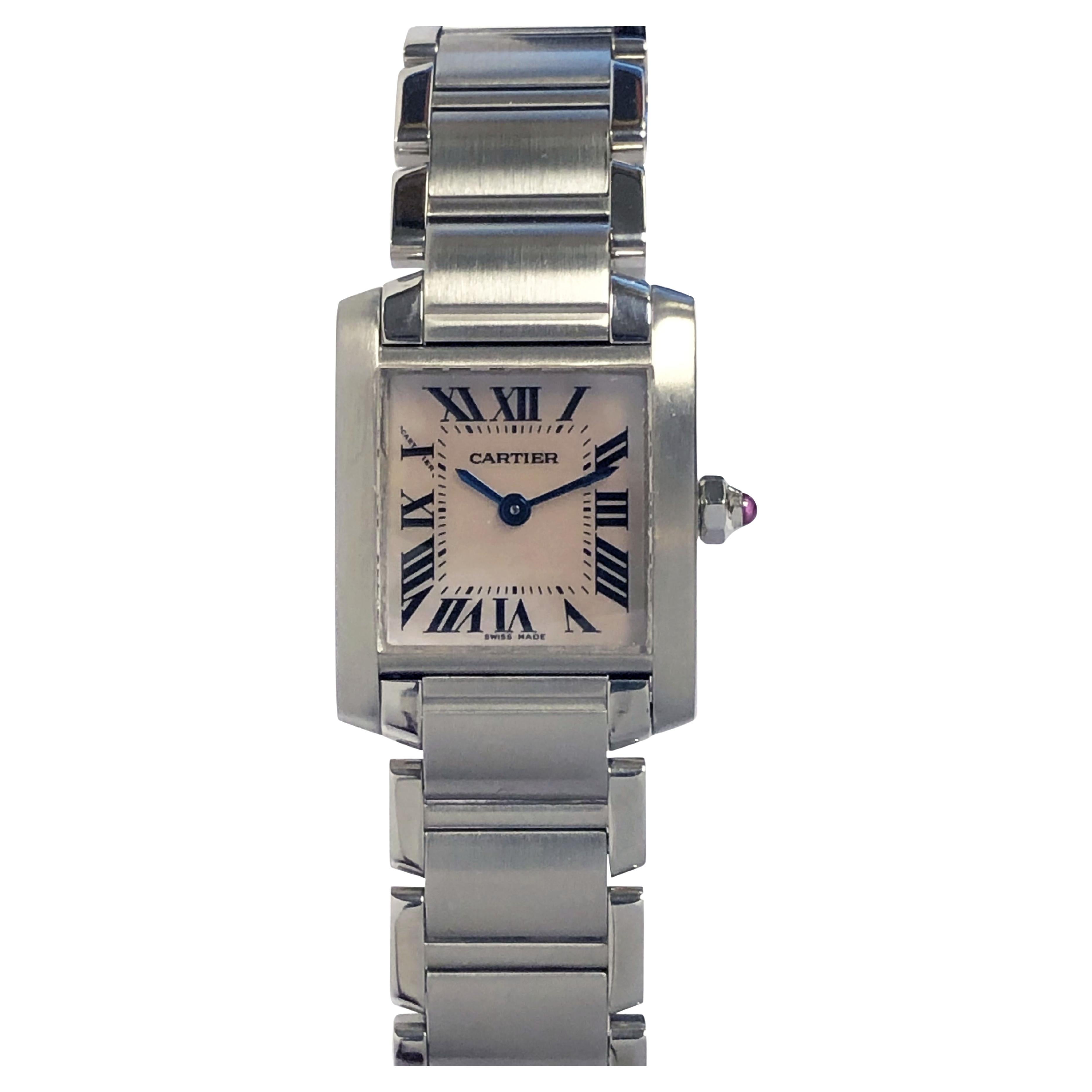Cartier Tank Francaise Stahl Damenarmbanduhr mit rosa Perlenzifferblatt