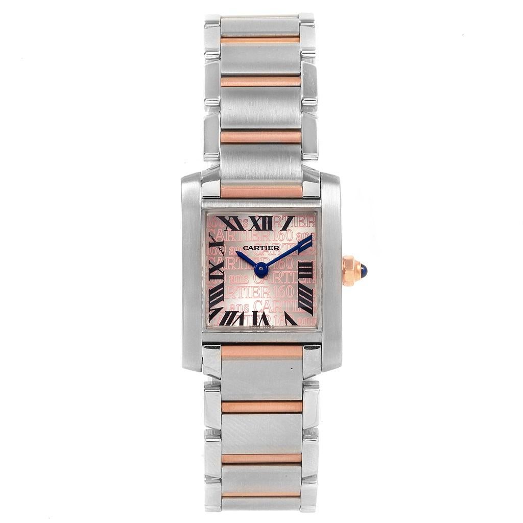 Cartier Tank Francaise Steel Rose Gold 160th Anniversary Watch W51036Q4. Quartz movement. Rectangular stainless steel 20.0 x 25.0 mm case. Octagonal 18k rose gold crown set with a blue spinel cabochon. Fixed stainless steel bezel. Scratch resistant