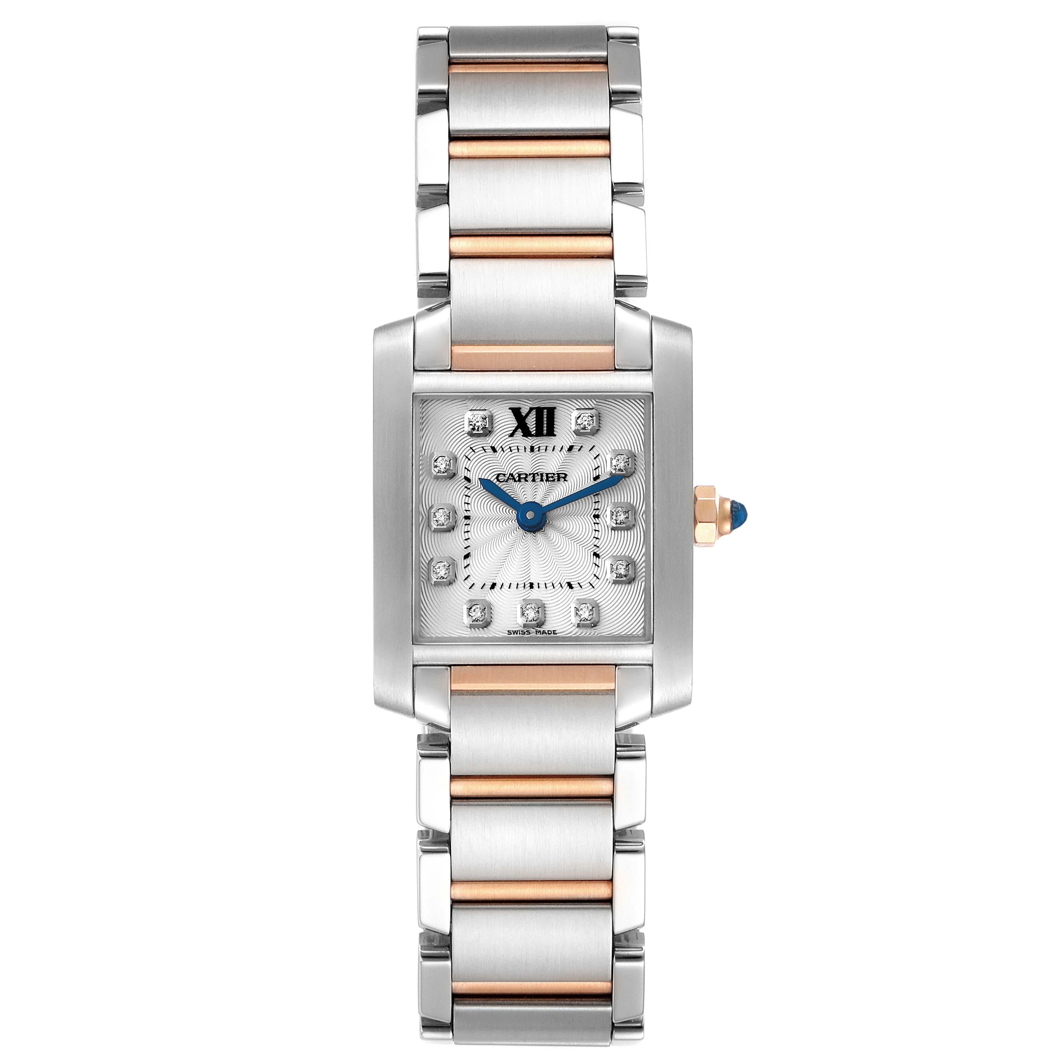 Cartier Tank Francaise Steel Rose Gold Diamond Dial Ladies Watch WE110004. Quartz movement. Stainless steel and rose gold rectangular case 20 mm x 25 mm. Octagonal 18k rose gold crown set with a blue spinel cabochon. . Scratch resistant sapphire