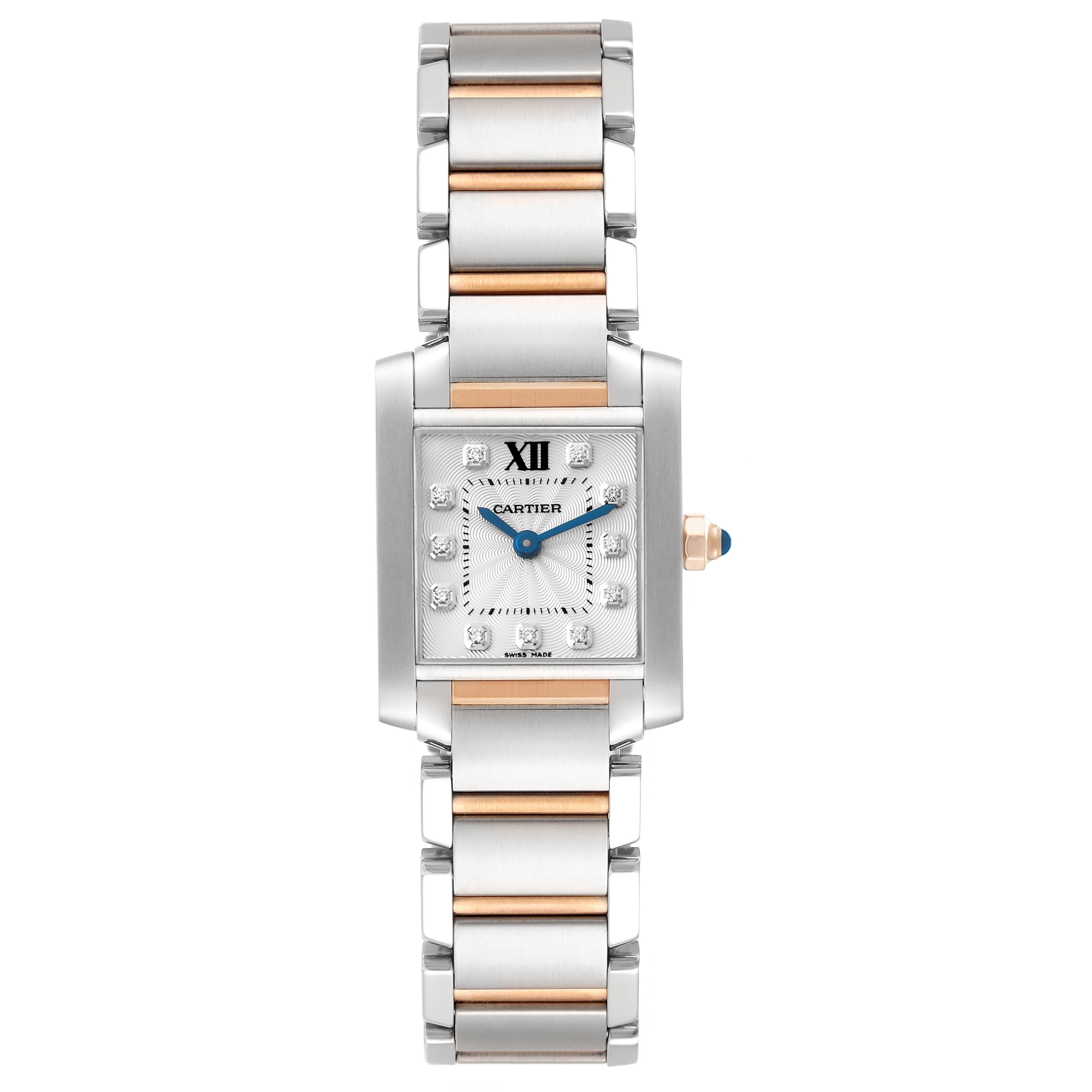 Cartier Tank Francaise Steel Rose Gold Diamond Ladies Watch WE110004 Box Card. Quartz movement. Stainless steel and rose gold rectangular case 20 mm x 25 mm. Octagonal 18k rose gold crown set with a blue spinel cabochon. . Scratch resistant sapphire