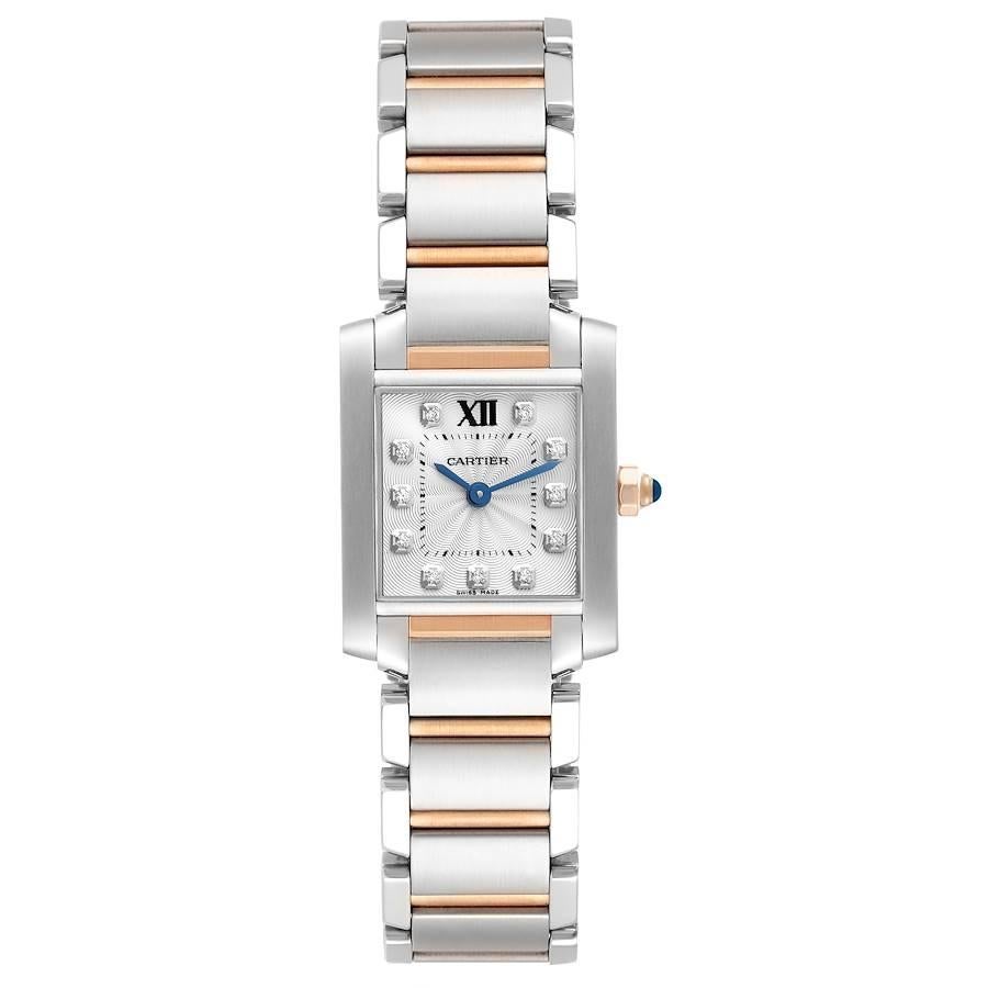 Cartier Tank Francaise Steel Rose Gold Diamond Ladies Watch WE110004 Box Papers. Quartz movement. Stainless steel and rose gold rectangular  case 20 mm x 25 mm. Octagonal 18k rose gold crown set with a blue spinel cabochon. . Scratch resistant