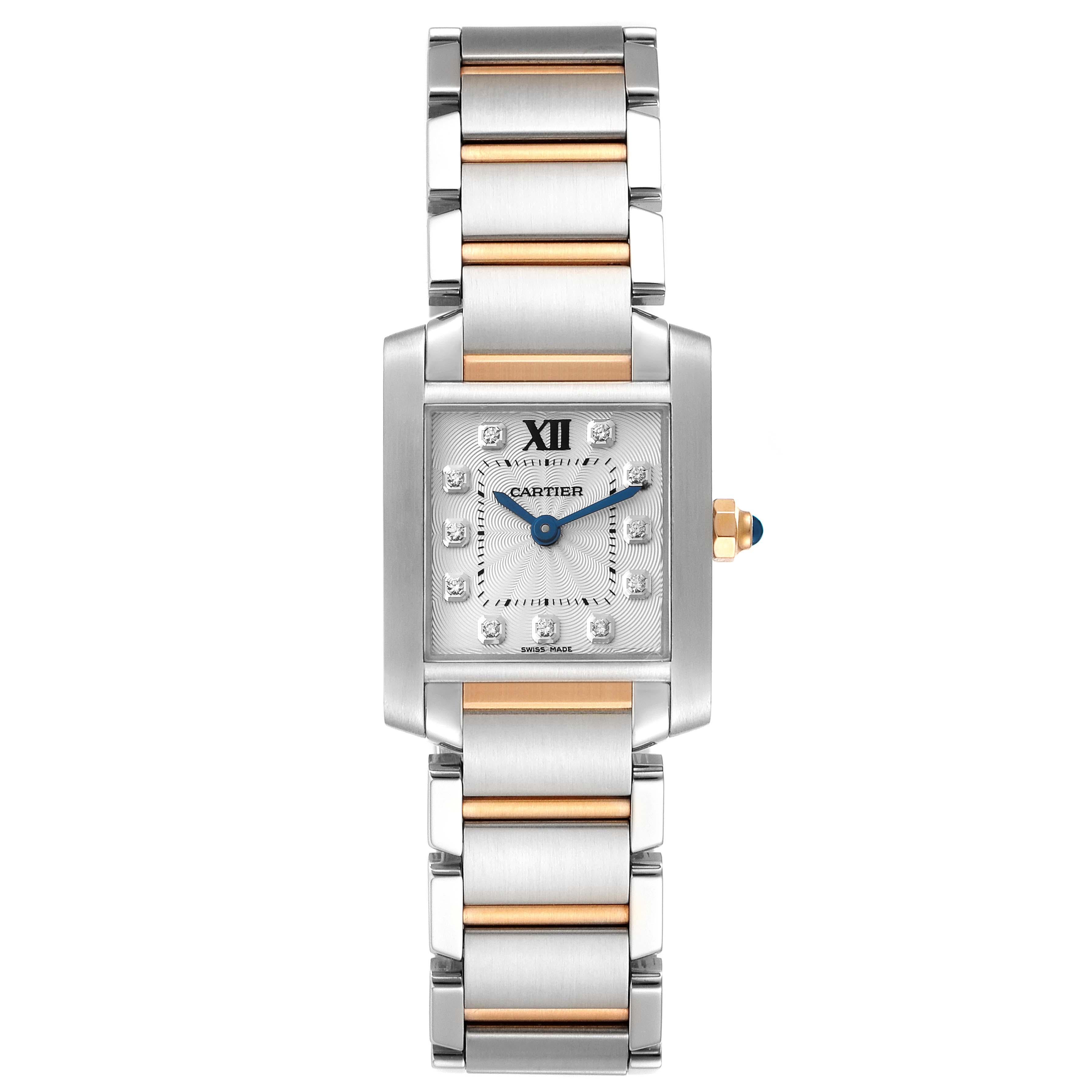 Cartier Tank Francaise Steel Rose Gold Diamond Ladies Watch WE110004. Quartz movement. Stainless steel and rose gold rectangular case 20 mm x 25 mm. Octagonal 18k rose gold crown set with a blue spinel cabochon. . Scratch resistant sapphire crystal.