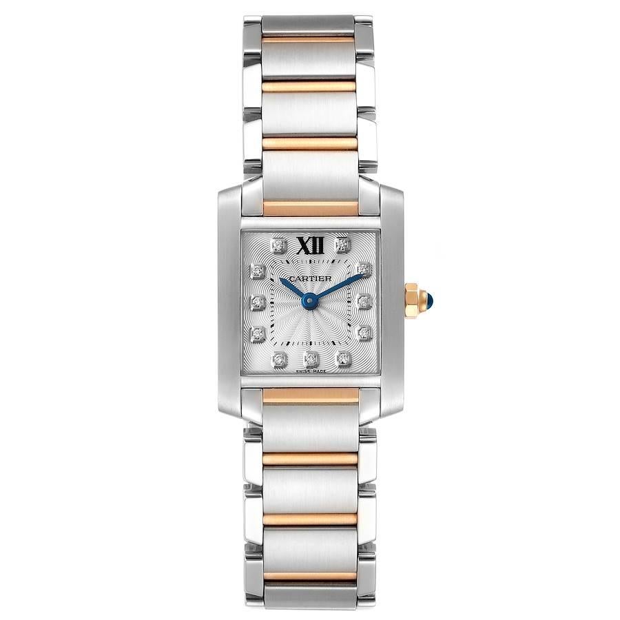 Cartier Tank Francaise Steel Rose Gold Diamond Watch WE110004 Box Papers. Quartz movement. Stainless steel and rose gold rectangular  case 20 x 25 mm. Octagonal 18k yellow gold crown set with a blue spinel cabochon. . Scratch resistant sapphire