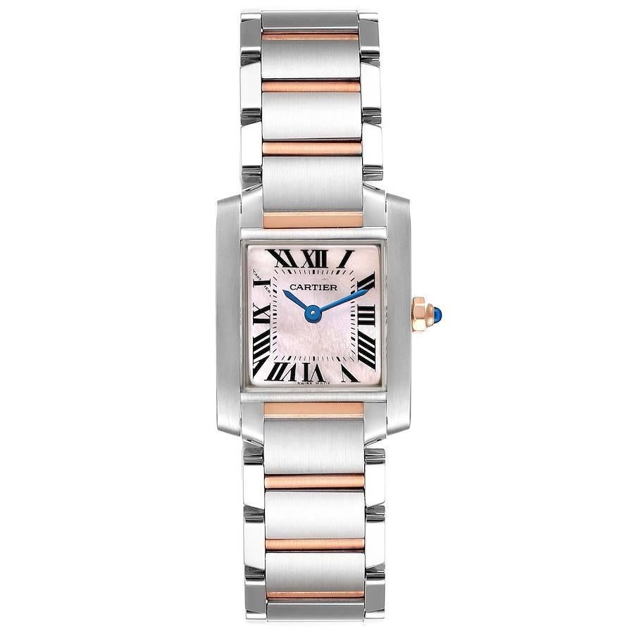 Cartier Tank Francaise Steel Rose Gold MOP Dial Ladies Watch W51027Q4. Quartz movement. Rectangular stainless steel 20.0 x 25.0 mm case. Octagonal 18k rose gold crown set with a blue spinel cabochon. . Scratch resistant sapphire crystal. Pink Mother
