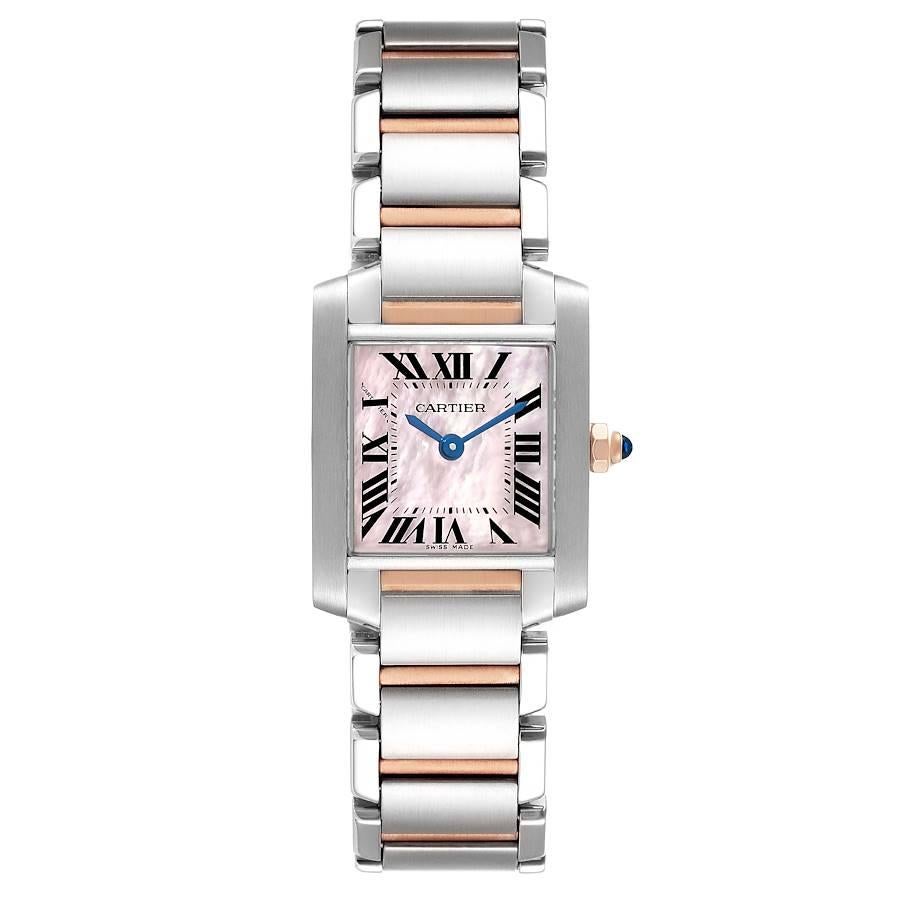 Cartier Tank Francaise Steel Rose Gold MOP Dial Ladies Watch W51027Q4. Quartz movement. Rectangular stainless steel 20.0 x 25.0 mm case. Octagonal 18k rose gold crown set with a blue spinel cabochon. . Scratch resistant sapphire crystal. Pink Mother