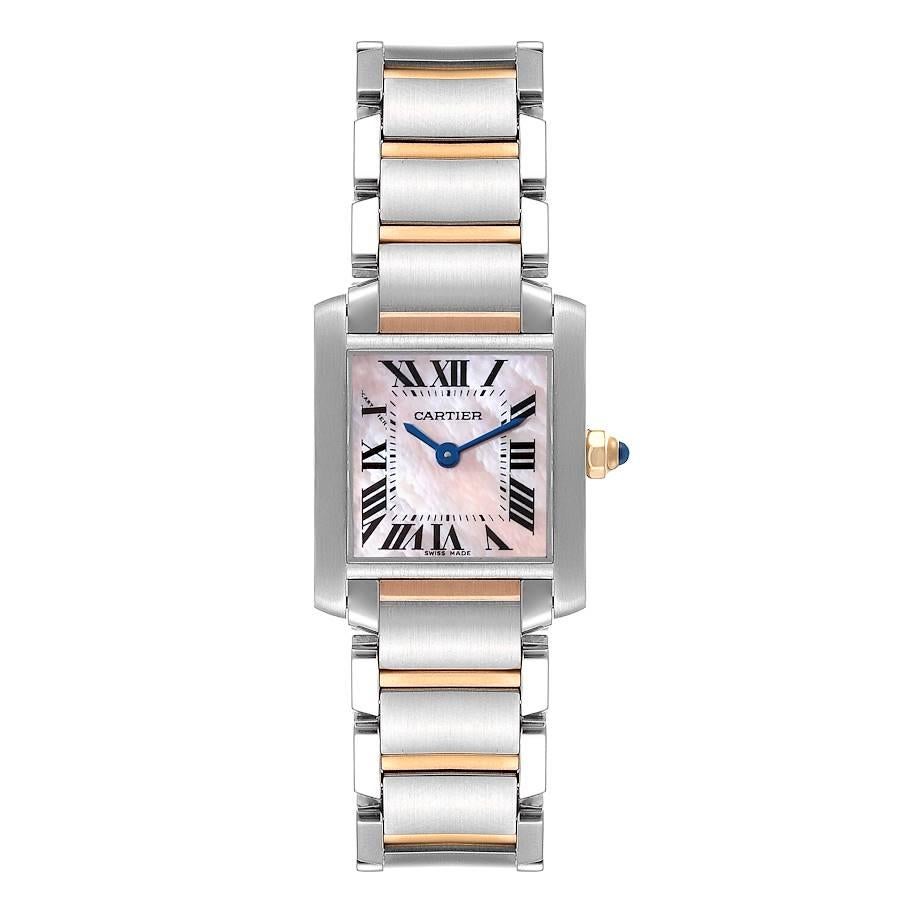 Cartier Tank Francaise Steel Rose Gold MOP Dial Watch W51027Q4. Quartz movement. Rectangular stainless steel 20.0 x 25.0 mm case. Octagonal 18k rose gold crown set with a blue spinel cabochon. . Scratch resistant sapphire crystal. Pink Mother of