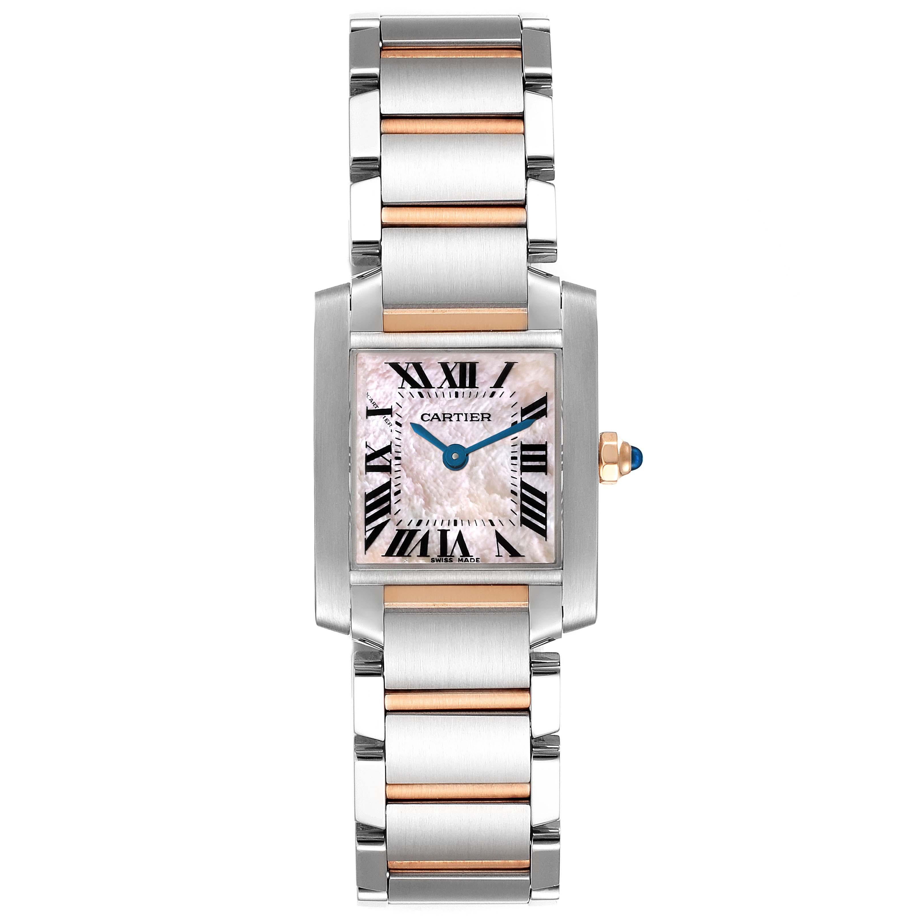 Cartier Tank Francaise Steel Rose Gold MOP Ladies Watch W51027Q4. Quartz movement. Rectangular stainless steel 20.0 x 25.0 mm case. Octagonal 18k rose gold crown set with a blue spinel cabochon. . Scratch resistant sapphire crystal. Pink mother of