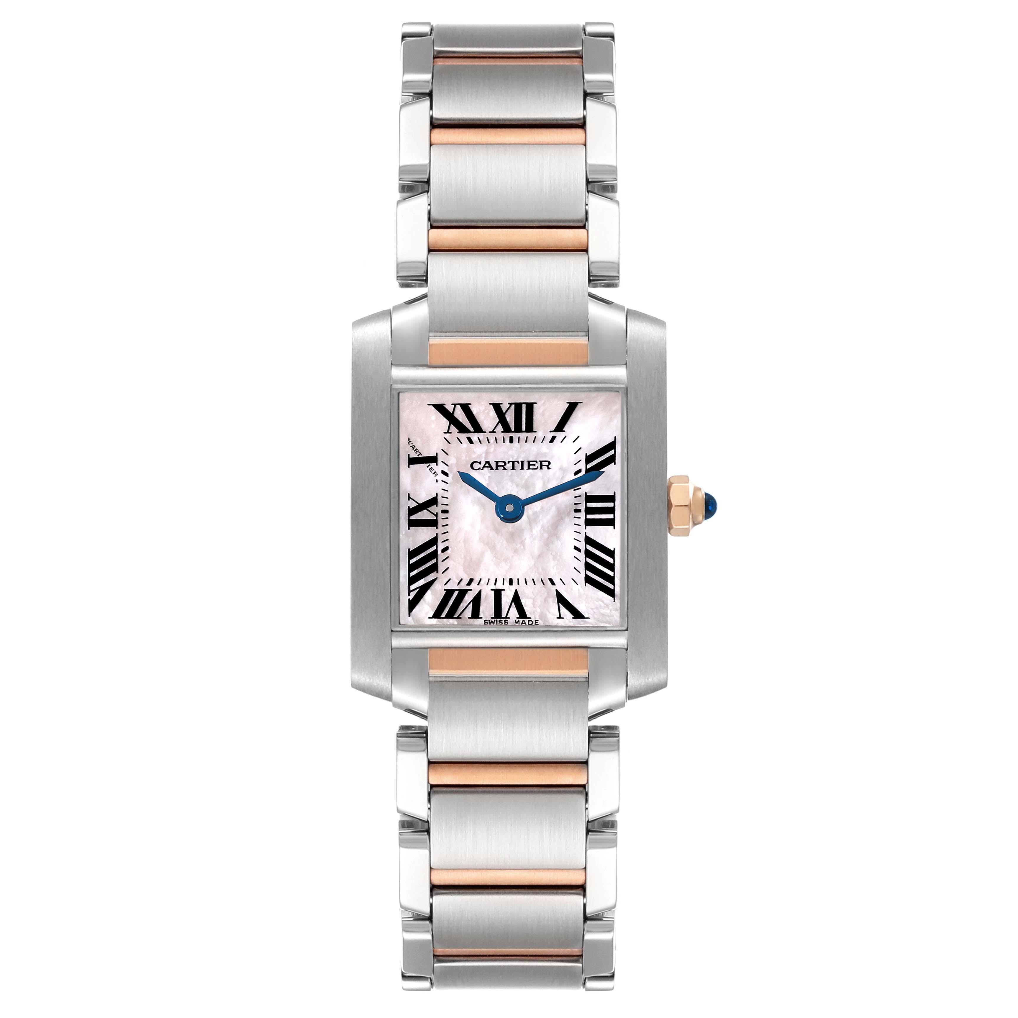 Cartier Tank Francaise Steel Rose Gold MOP Ladies Watch W51027Q4. Quartz movement. Rectangular stainless steel 20.0 x 25.0 mm case. Octagonal 18k rose gold crown set with a blue spinel cabochon. . Scratch resistant sapphire crystal. Pink mother of