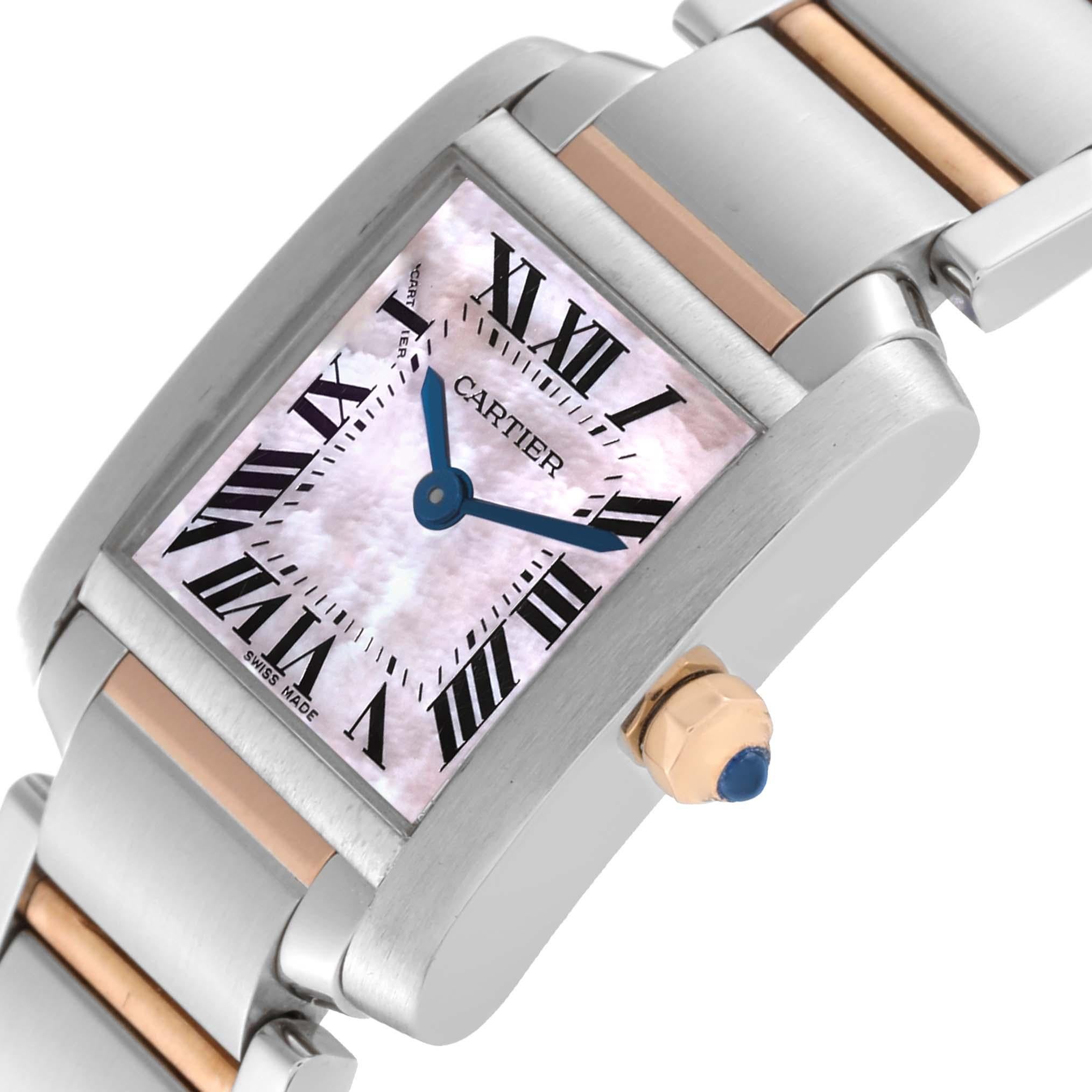 Cartier Tank Francaise Steel Rose Gold Mother of Pearl Ladies Watch W51027Q4. Quartz movement. Rectangular stainless steel 20.0 x 25.0 mm case. Octagonal 18k rose gold crown set with a blue spinel cabochon. . Scratch resistant sapphire crystal. Pink