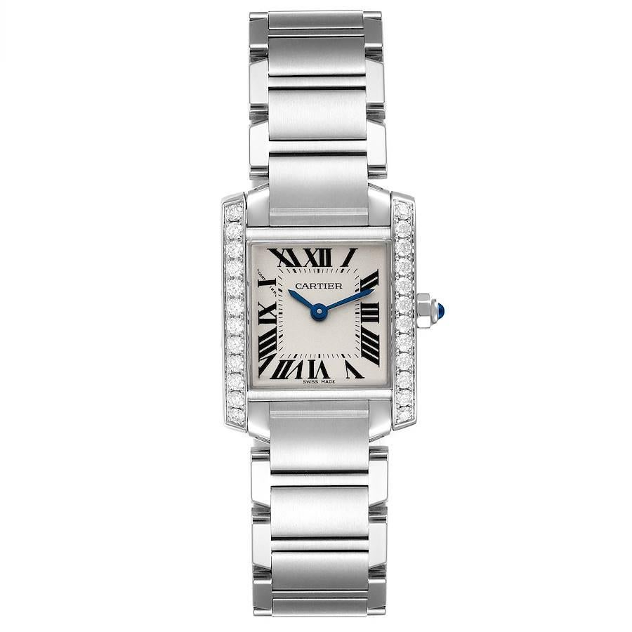 Cartier Tank Francaise Steel Silver Dial Diamond Watch W4TA0008 Box Papers. Quartz movement. Rectangular stainless steel 20.0 x 25.0 mm case. Octagonal crown set with a blue spinel cabochon. Original Cartier factory diamond bezel. Scratch resistant