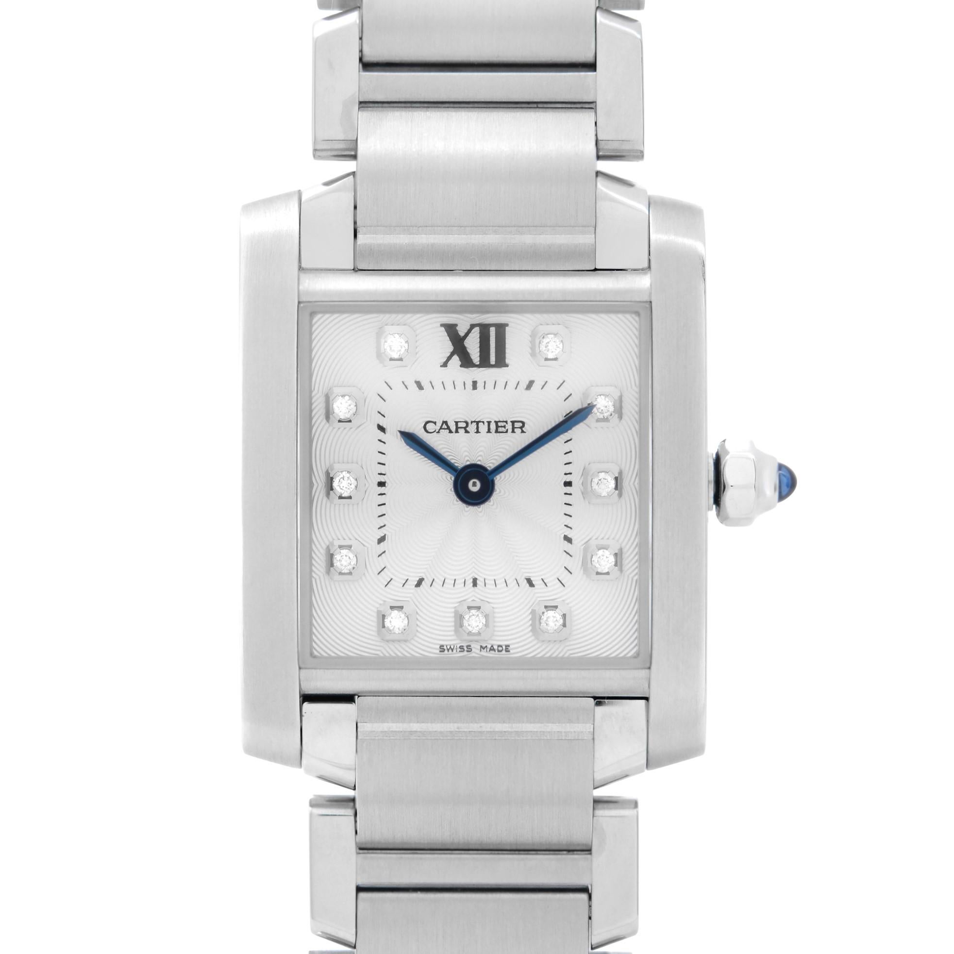 Store Display Model Cartier Tank Francaise Steel Silver Diamond Dial Quartz Ladies Watch WE110006. This Beautiful Timepiece Features: Stainless Steel Case and Bracelet, Fixed Stainless Steel Bezel, Silver Dial with Blue Hands, And Diamond Hour