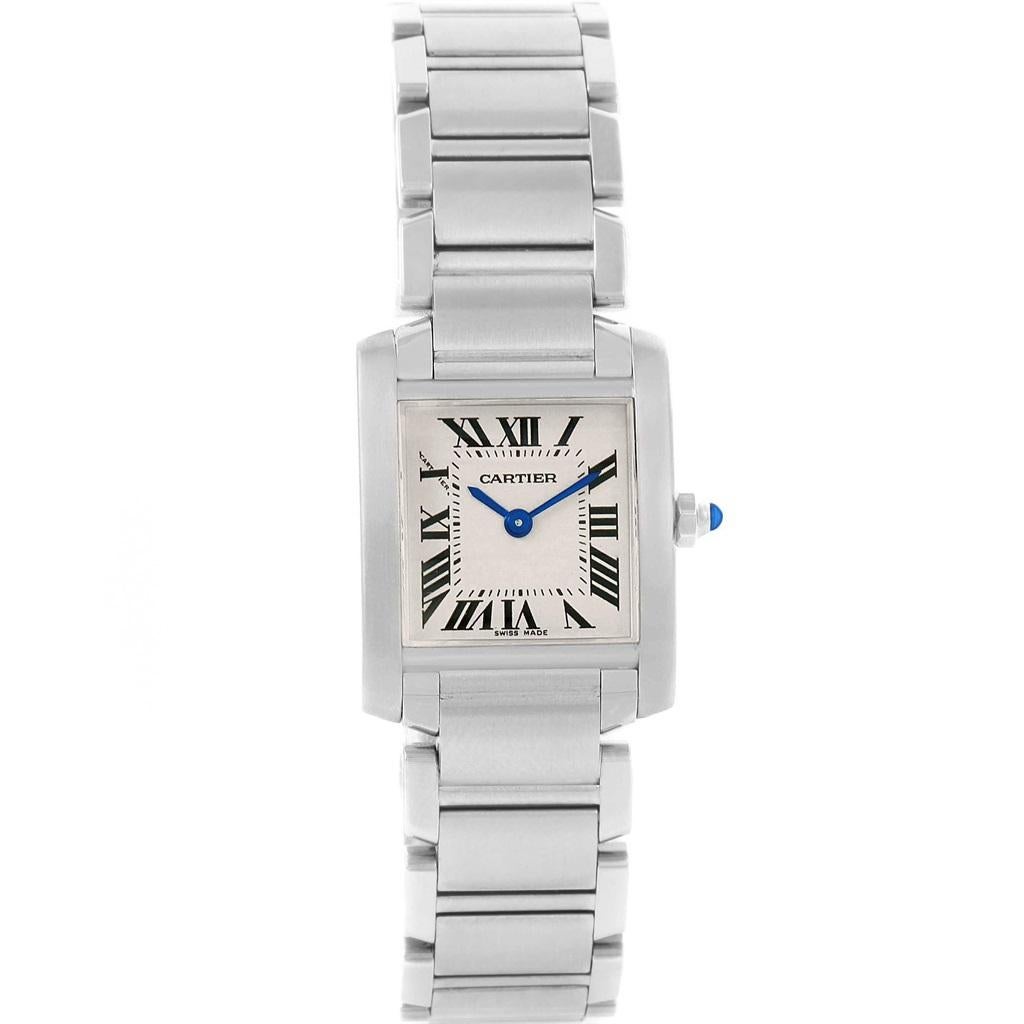 Cartier Tank Francaise Steel Small Ladies Watch W51008Q3 Box. Quartz movement. Rectangular stainless steel 20.0 x 25.0 mm case. Octagonal crown set with a blue spinel cabochon. Scratch resistant sapphire crystal. Silver grained dial with painted