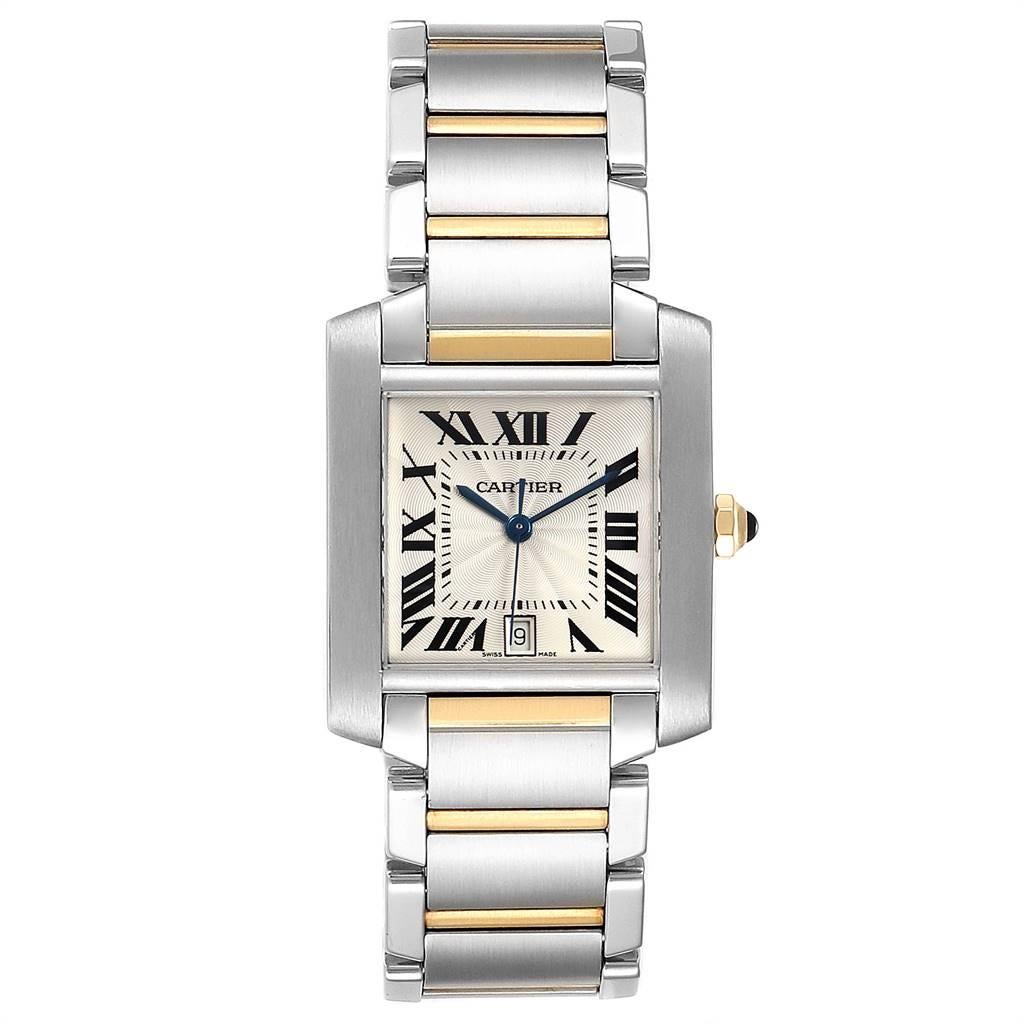 Cartier Tank Francaise Steel Yellow Gold Automatic Mens Watch W51005Q4. Automatic self-winding movement. Rectangular stainless steel 28.0 x 32.0 mm case. Octagonal 18K yellow gold crown set with a blue spinel cabochon. Scratch resistant sapphire