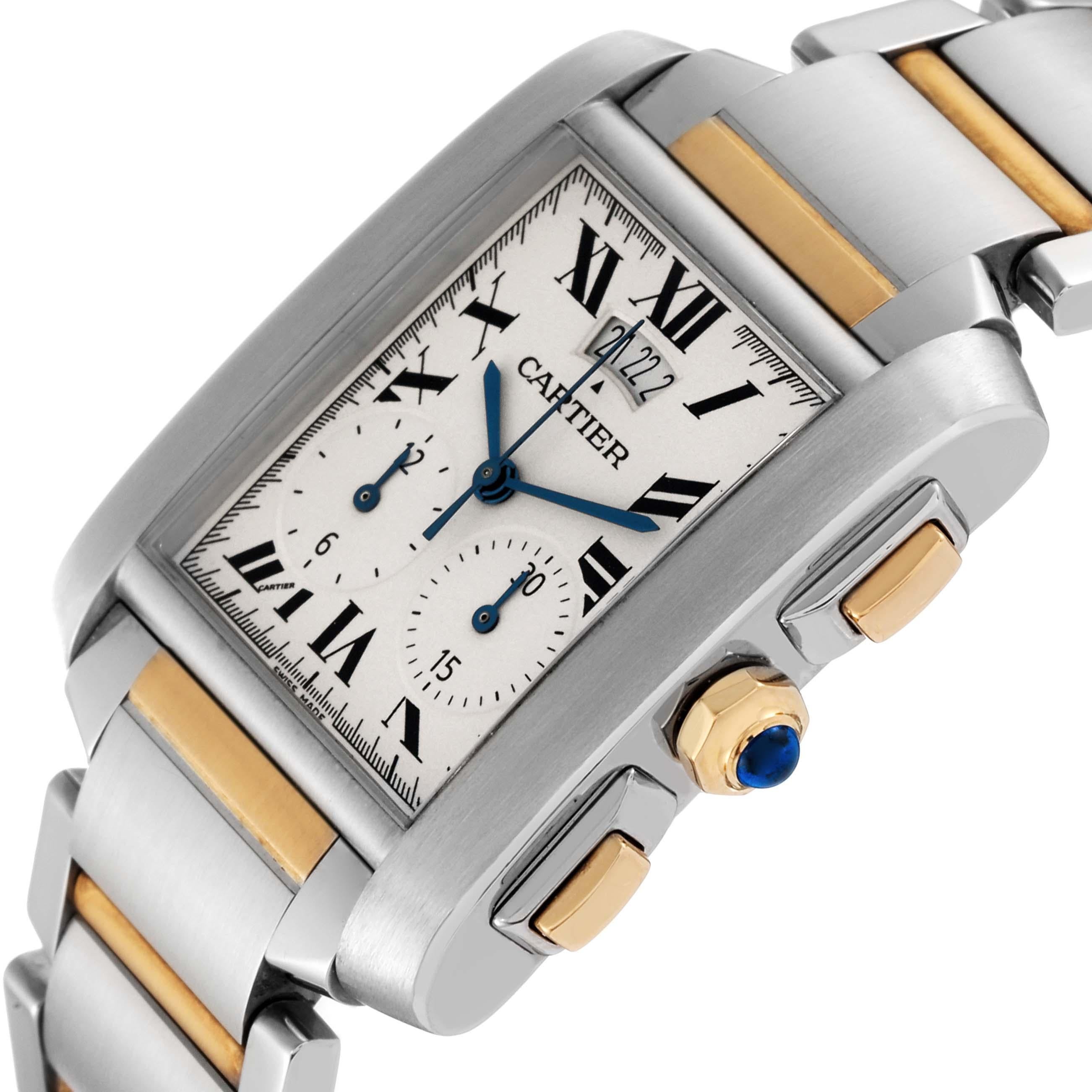 Cartier Tank Francaise Steel Yellow Gold Chronograph Mens Watch W51025Q4. Quartz movement. Rectangular stainless steel and 18K yellow gold 29.0 x 36.0 mm case. Octagonal crown set with a blue spinel cabochon. . Scratch resistant sapphire crystal.