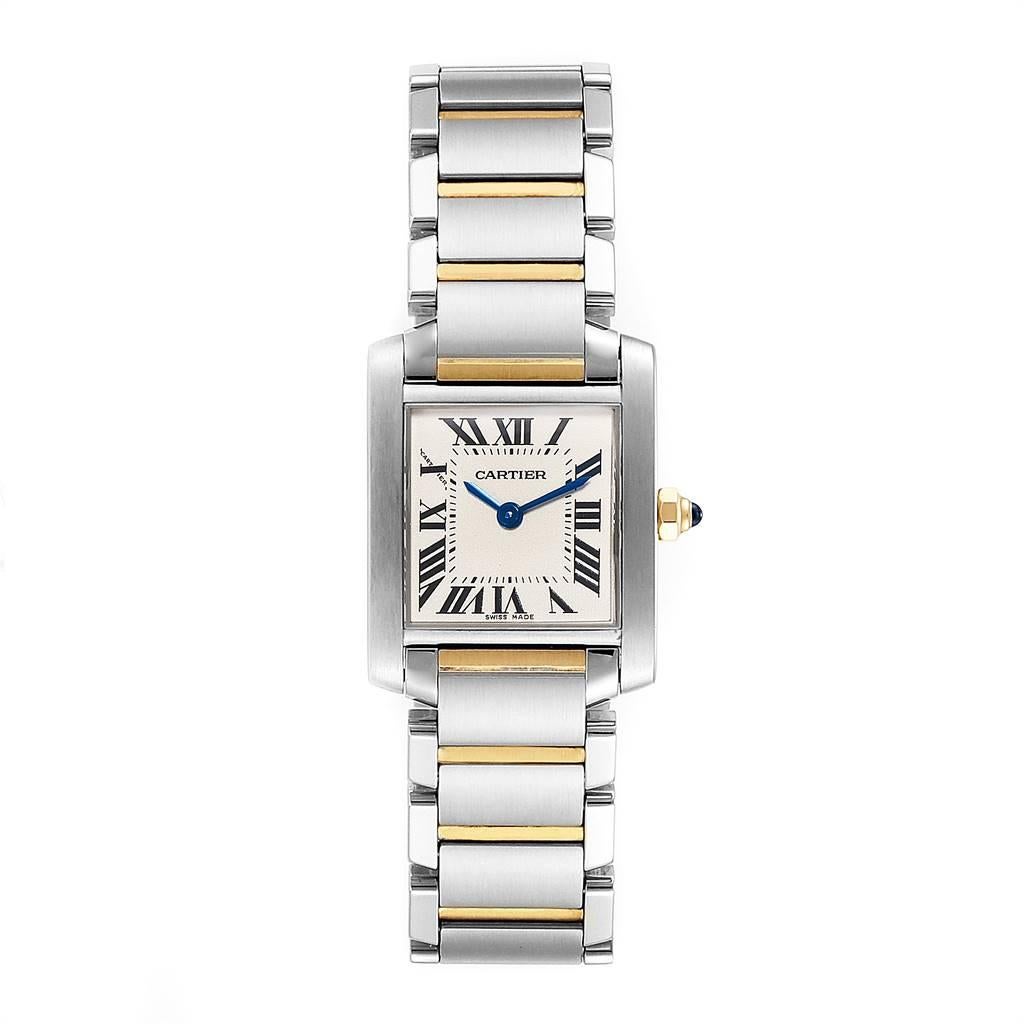 Cartier Tank Francaise 20mm Steel Yellow Gold Ladies Watch W51007Q4. Quartz movement. Rectangular stainless steel 20.0 x 25.0 mm case. Octagonal 18k yellow gold crown set with a blue spinel cabochon. Scratch resistant sapphire crystal. Silver dial