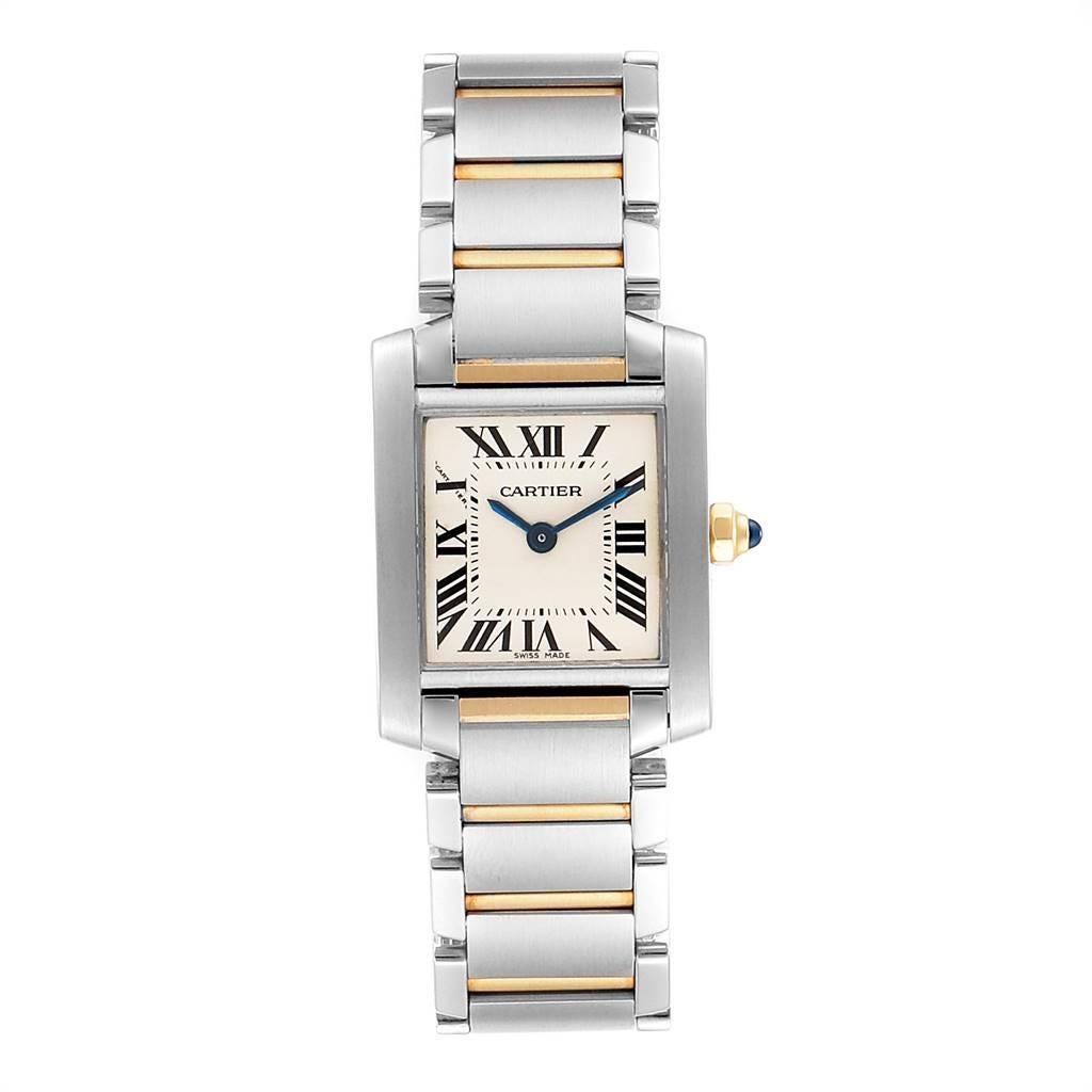 Cartier Tank Francaise 20mm Steel Yellow Gold Ladies Watch W51007Q4. Quartz movement. Rectangular stainless steel 20.0 x 25.0 mm case. Octagonal 18k yellow gold crown set with a blue spinel cabochon. Scratch resistant sapphire crystal. Silver dial