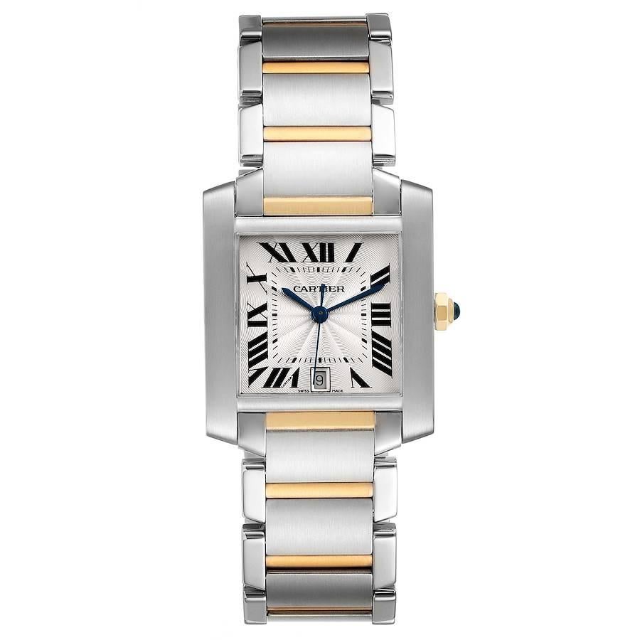 Cartier Tank Francaise Steel Yellow Gold Large Mens Watch W51005Q4. Automatic self-winding movement. Rectangular stainless steel 28.0 x 32.0 mm case. Octagonal 18K yellow gold crown set with a blue spinel cabochon. . Scratch resistant sapphire