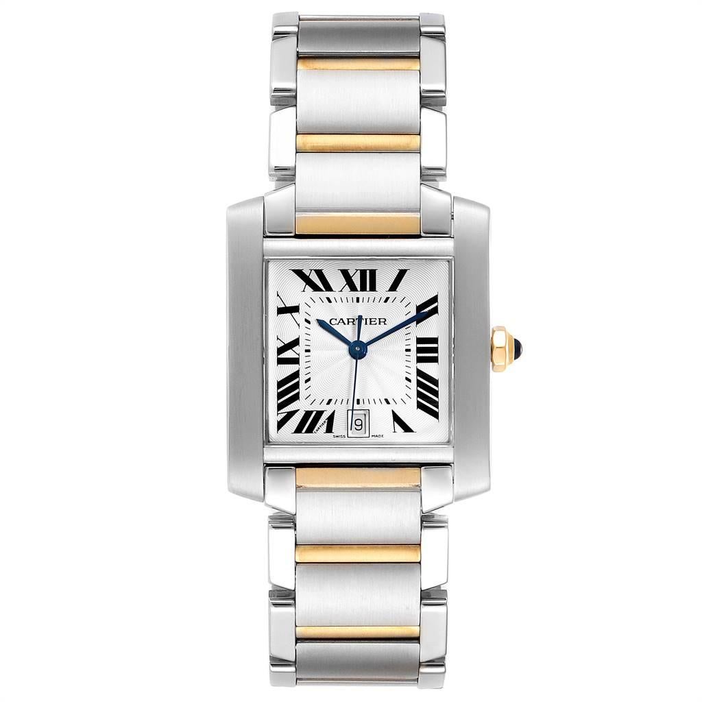 Cartier Tank Francaise Steel Yellow Gold Large Unisex Watch W51005Q4. Automatic self-winding movement. Rectangular stainless steel 28.0 x 32.0 mm case. Octagonal 18K yellow gold crown set with a blue spinel cabochon. Scratch resistant sapphire